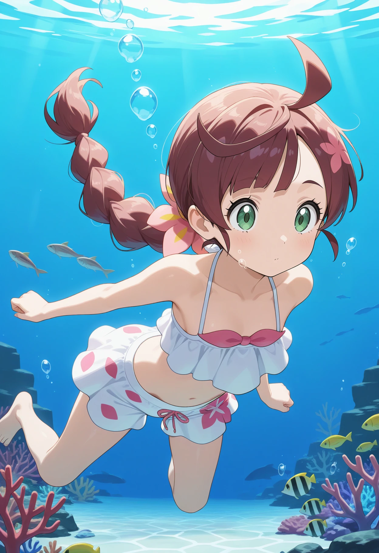 best quality, good quality, amazing quality, very aesthetic, absurdres, masterpiece, 1girl, aachloe, long hair, brown hair, braided ponytail, ahoge, green eyes, floral print, swimsuit, white bikini, bikini shorts, white shorts, <lora:chloe_(pokemon)_ilxl_v1:0.9>, underwater, swimming, fish, coral,