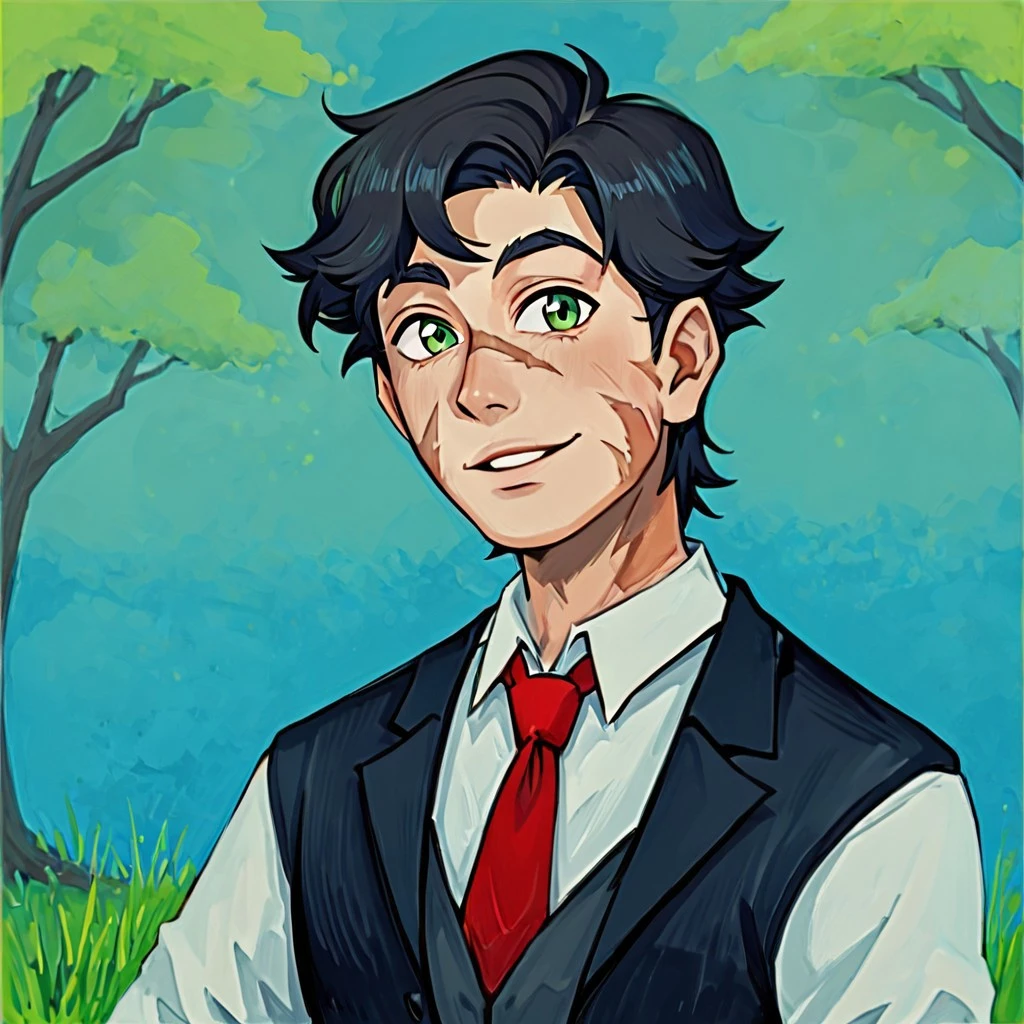 GoodTimesWithScar[CHARACTER], GTWC[Character], pale skin, black hair, humanoid, green eyes, medium length hair, facial scars, scars, human, human only,  (male human:1.3). 
Solo, alone, by himself, 1boy, male.
athletic, athletic body, muscles. (athletic body), (white body:1.1),
clothing, clothed, suit, red tie, red necktie, necktie, black suit, black suitvest, vest, white shirt, shirt,  HD, digital painting, digital art, masterpiece.  Headshot, head focus, close to face, closeup, bustshot.  Happy emotion, happy.   outside, forest, trees, woods, grassy floor, grassy, (outside:1.4)  HD, digital painting, digital art, masterpiece ((bust portrait)), digital drawing (artwork), digital media (artwork), hi res. purpleverse[STLYE], Cartoonie style, cartoon like, humans, humanoid,