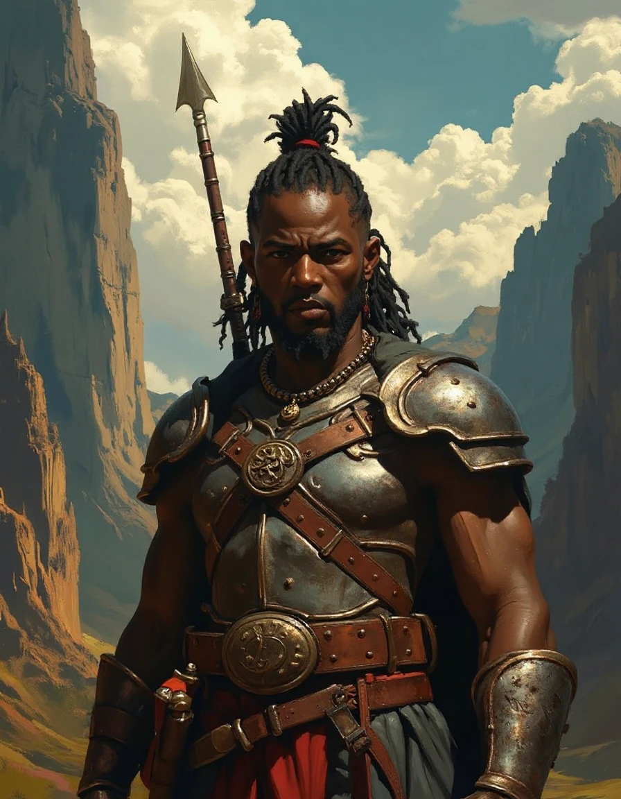 Fantasy painting of a medieval jamaican fantasy sci-fi hollywood warrior in front of tall mountains and dramatic sky