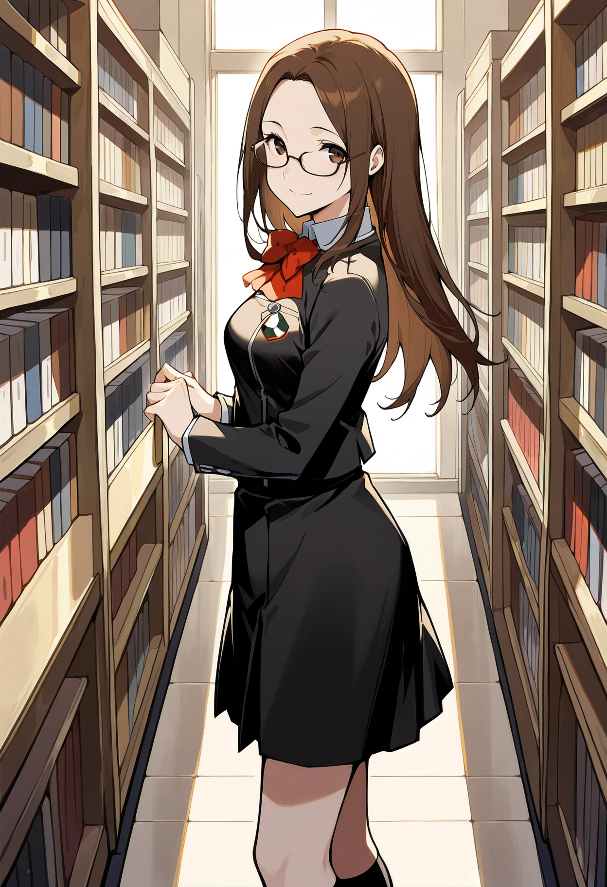 (masterwork, masterpiece, best quality, hyper-detailed :1.3),
1 girl, solo,
p3chihiro, long hair, brown hair, glasses, hair down
p3chihiro-winuni, school uniform, gekkoukan high school uniform, school emblem, bow, bowtie, red bow, jacket, black jacket, long sleeves, skirt, black skirt, socks, kneehighs,
library, standing, looking at viewer, smile, side view,