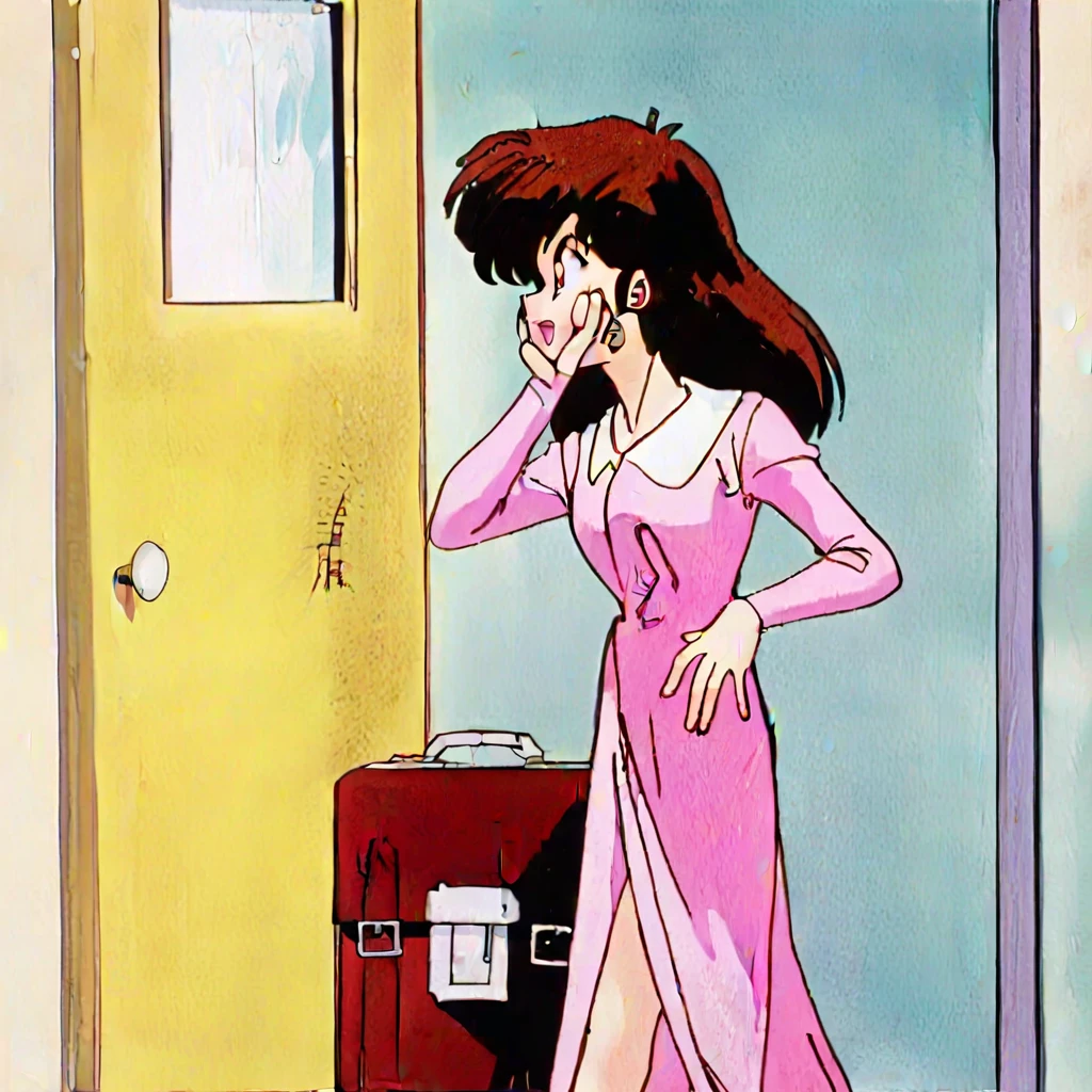 Cartoon of a woman in a pink dress standing in front of a door - SeaArt AI