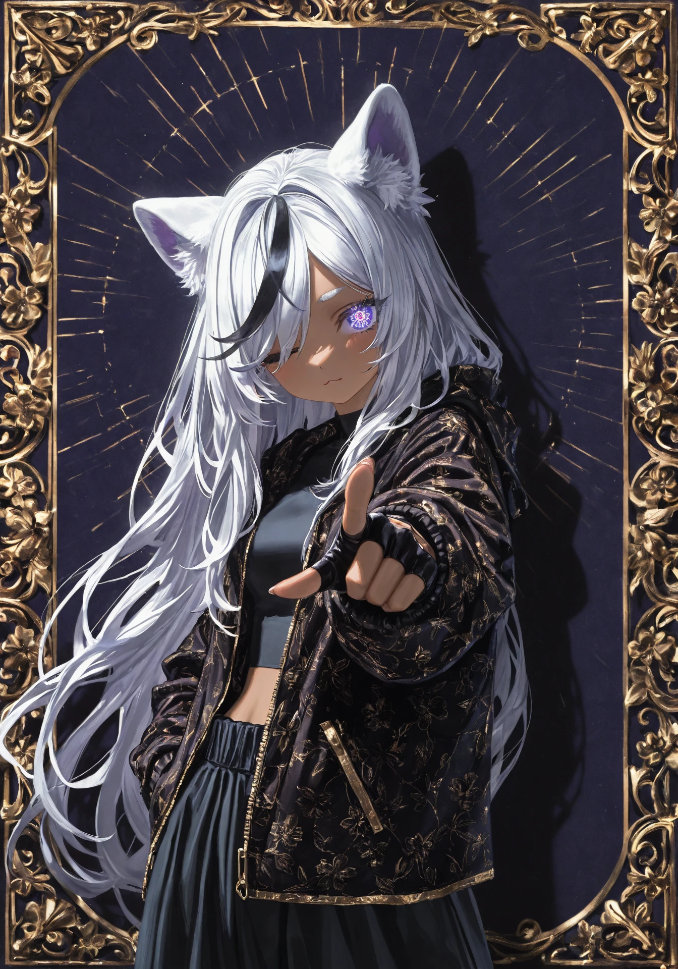 masterpiece, best quality, good quality,
1girl, one eye closed, hair over one eye, white background, self-upload, long_hair white hair, rabbit ears, pointing at viewer, pointing, :3, fingerless gloves, fingernails, shy, tan, eyelashes, detailed hair, clean,
masterpiece, best quality, good quality,
1girl, anime, solo, concept art, very aesthetic, luxury [thug] girl, baggy pants, midriff, (tan skin, dark skin), coloindigo skin, wide stance, looking at viewer, pretty, cute, dot_nose, metallic, gangster style, (anime face), anime wallpaper, anime outlines, black outlines, thick eyebrows, long hair, fluffy hair, black hair, streaked hair, hand in pocket, dark skin, tan, lace jacket, open jacket, light and shadow, gold trim, luxury, kawaii style, (lion girl, lion mane:1.2), cream background, artistic poster composition, (floral detail and pattern:1.2), ornate_border, looking at viewer, [by quasarcake], rhasta, [reoen], (hiro \(dismaless\)), [[baffu]], year 2023,
dark theme, [cgi], (photo \(medium\):0.8), amazing quality, RTX, cinematic light, best quality, amazing quality, very aesthetic, absurdres, masterpiece, best quality, good quality,
1girl, bangs, camellia, daisy, flag_background, flower, from_side, cat ears, (profile:0.8), indigo_background, indigo_border, indigo_eyes, indigo_flower, indigo_rose, maroon theme, short_hair, simple_background, solo, flowing hair, glowing indigo electric eye, (fierce), white_flower, style of Bourgeois, angular, an album cover, purism, (ground_shatter)