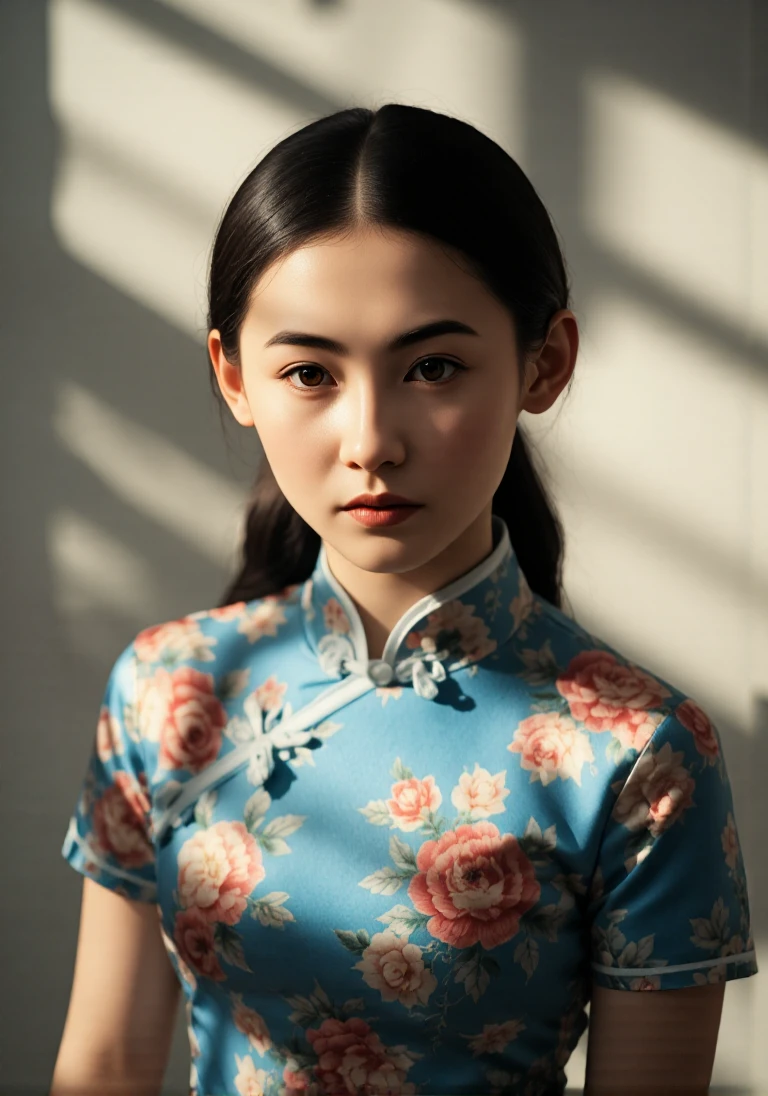 There are wonderful studio lights and various reflections,
girl her thin face is very delicate,skin naturally showing the texture of blood vessels,
detailed pale skin,
<lora:cheongsam_f1_rank4_bf16:1>,she wearing blue cheongsam with floral print,
<lora:zhangbz_f1_epoch_6:1>,