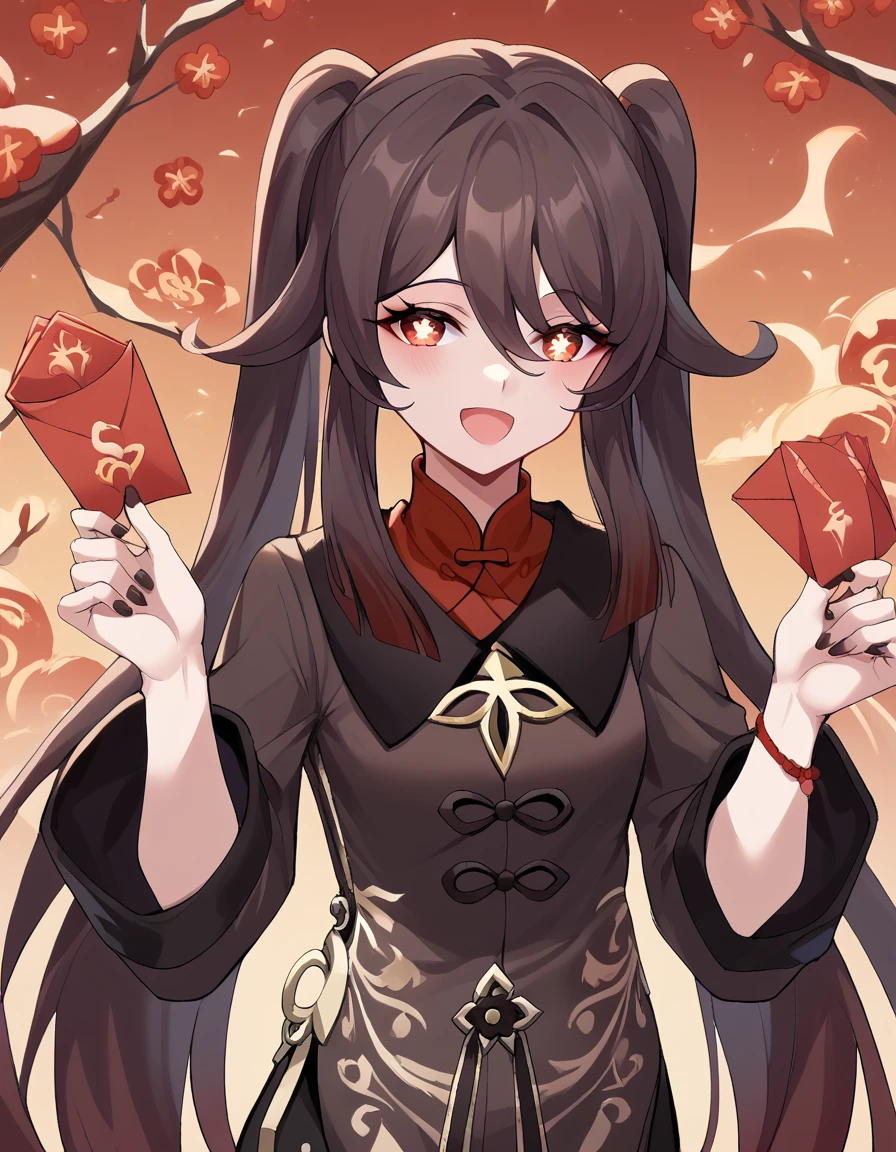 score_9, score_8_up, score_7_up, source_anime, <lora:genshin-hutao-ponyxl-lora-nochekaiser:1>, hutao, long hair, bangs, brown hair, red eyes, hair between eyes, twintails, sidelocks, symbol-shaped pupils, mature female, small breasts,, <lora:hongbao-ponyxl-lora-nochekaiser:1>, hongbao, chinese new year, good fortune symbol, holding envelope, envelope, red envelope, outstretched arm, smile, blush, outdoors, open mouth, looking at viewer,, ,