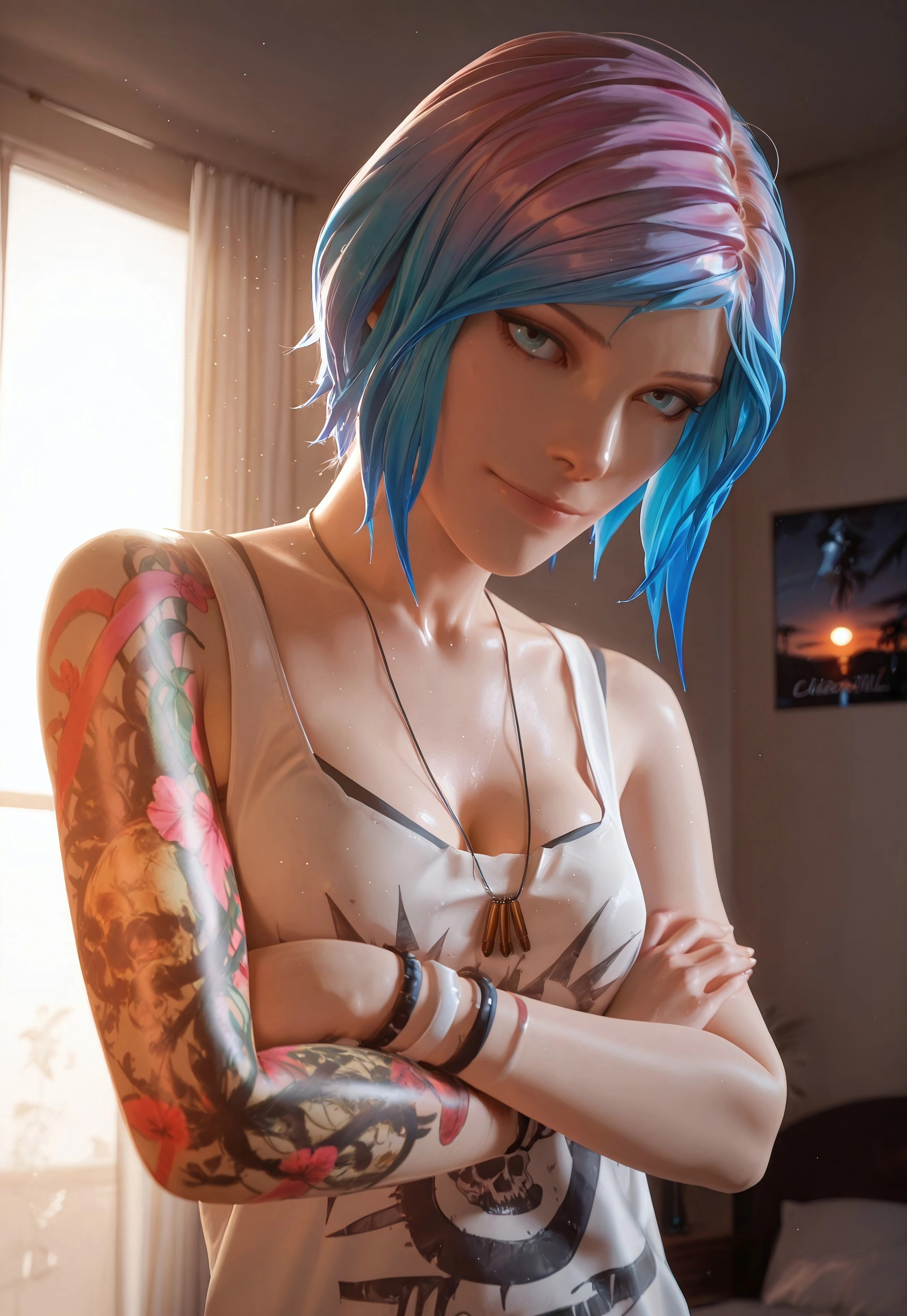 safe_pos, masterpiece, best quality, BREAK, dynamic angle, 1girl, solo, chloepriceill, blue eyes, arm tattoo, blue hair, multicolored hair, pink hair, tank top, cleavage, bullet necklace, bracelet, arms crossed, looking at viewer, light smile, bedroom, window, curtain, sunrays, sunset, detailed scenery