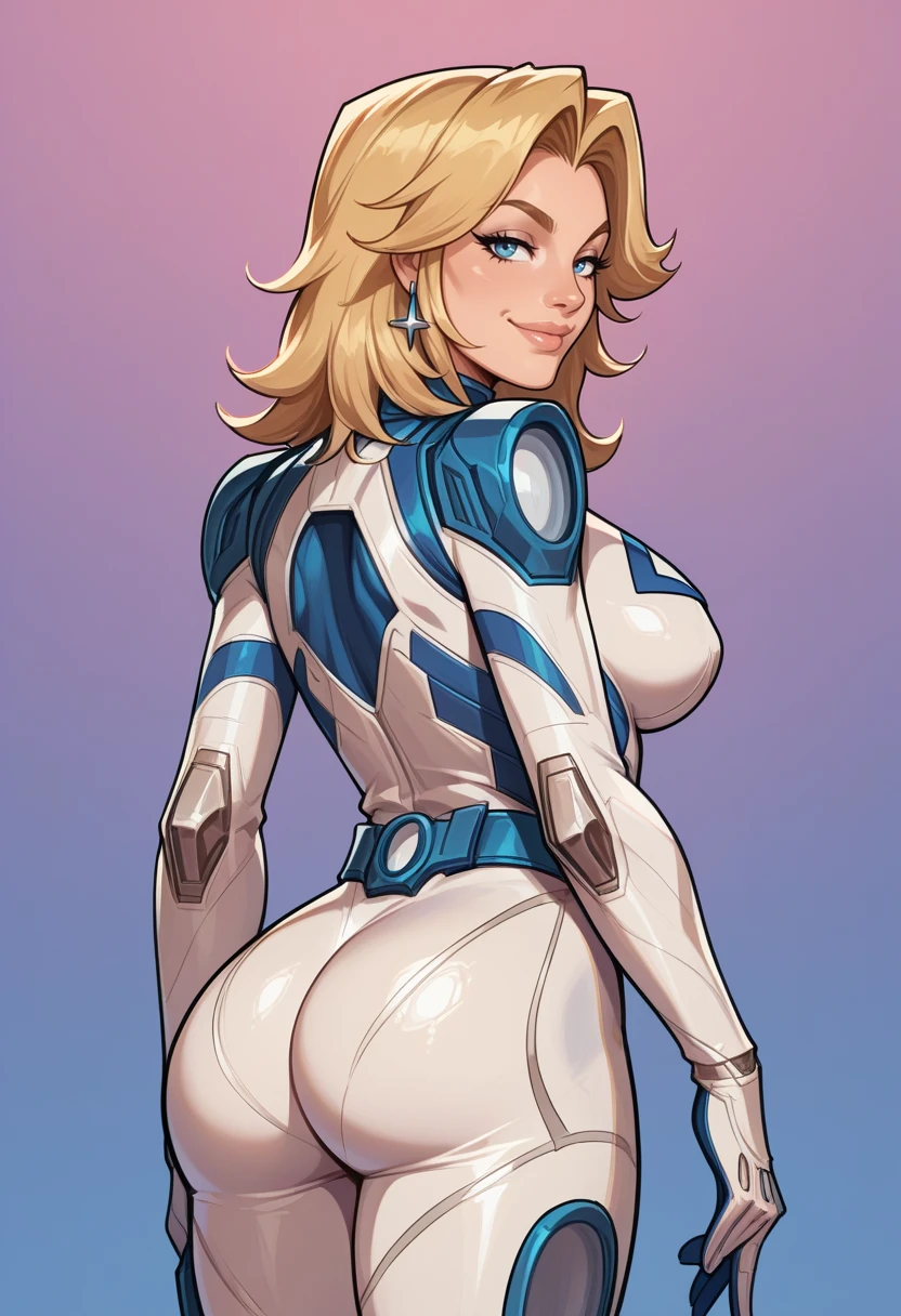 ((score_9, score_8_up, score_7_up, score_6_up, score_5_up, score_4_up)), BREAK, ((source_SemiRealistic)), BREAK, ((Masterpiece, Best Quality, Highly Detailed, 3/4 shot, Detailed Background)), BREAK, ((Large Breasts, Wide Hips, Big Ass)), BREAK, ((1girl)), <lora:Marvel_Rivals_-_Sue_Storm_-_Invisible_Woman:1> sue storm, blonde hair, medium hair, blue eyes, white bodysuit, belt, city, skyscrapers, smile, rear view, ass focus, ass facing viewer, looking over shoulder,
