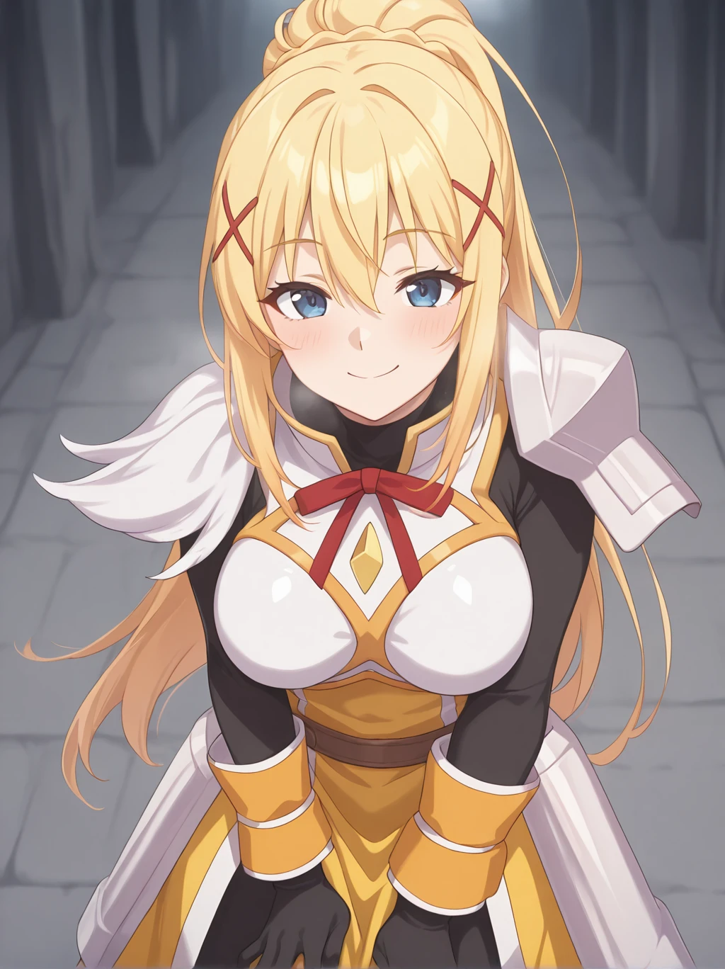 very aesthetic, high resolution, ultra-detailed, absurdres, newest, scenery, medium depth of field, rule of thirds, masterpiece-level, clean lines, sharp, focused subject, minimalistic composition, masterpiece, amazing quality, best quality, anime screencap, detailed face, detailed eyes, detailed outfit, face focus, 1girl, solo, blonde hair, long hair, ponytail, Darkness-Liver020, outfit 1, outfit1, white armor, cowboy shot, yellow dress, armor, red ribbon, x hair ornament, brown metal belt, black glove, large breasts, blue eyes, grey background, smile, bushing, blush