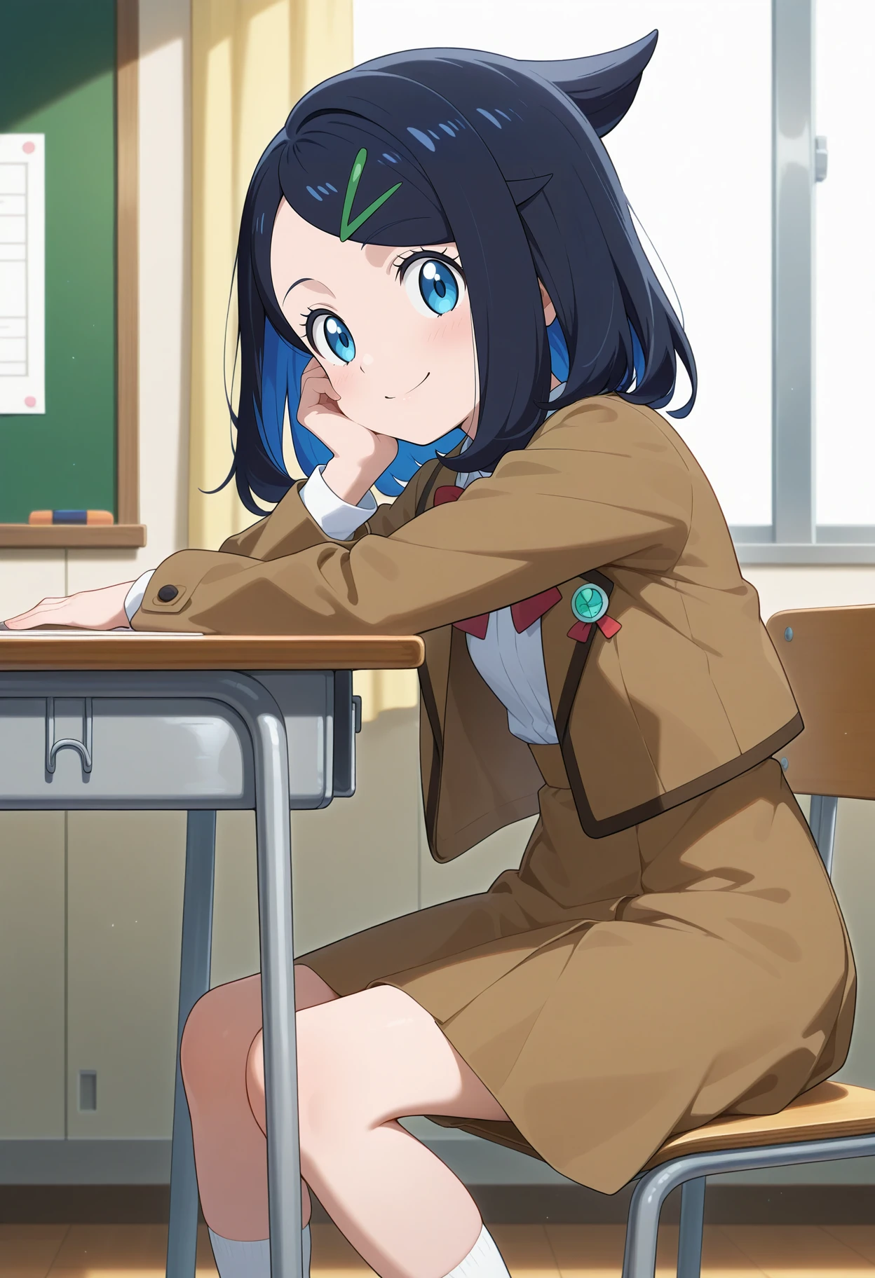 best quality, good quality, amazing quality, very aesthetic, absurdres, masterpiece, 1girl, aaliko, medium hair, black hair, colored inner hair, hairclip, blue eyes, school uniform, red bowtie, white shirt, brown jacket, open jacket, long sleeves, high-waist skirt, brown skirt, <lora:liko_(pokemon)_ilxl_v1:0.9>, arm rest, hand on own cheek, sitting, desk, smile, classroom, on chair,