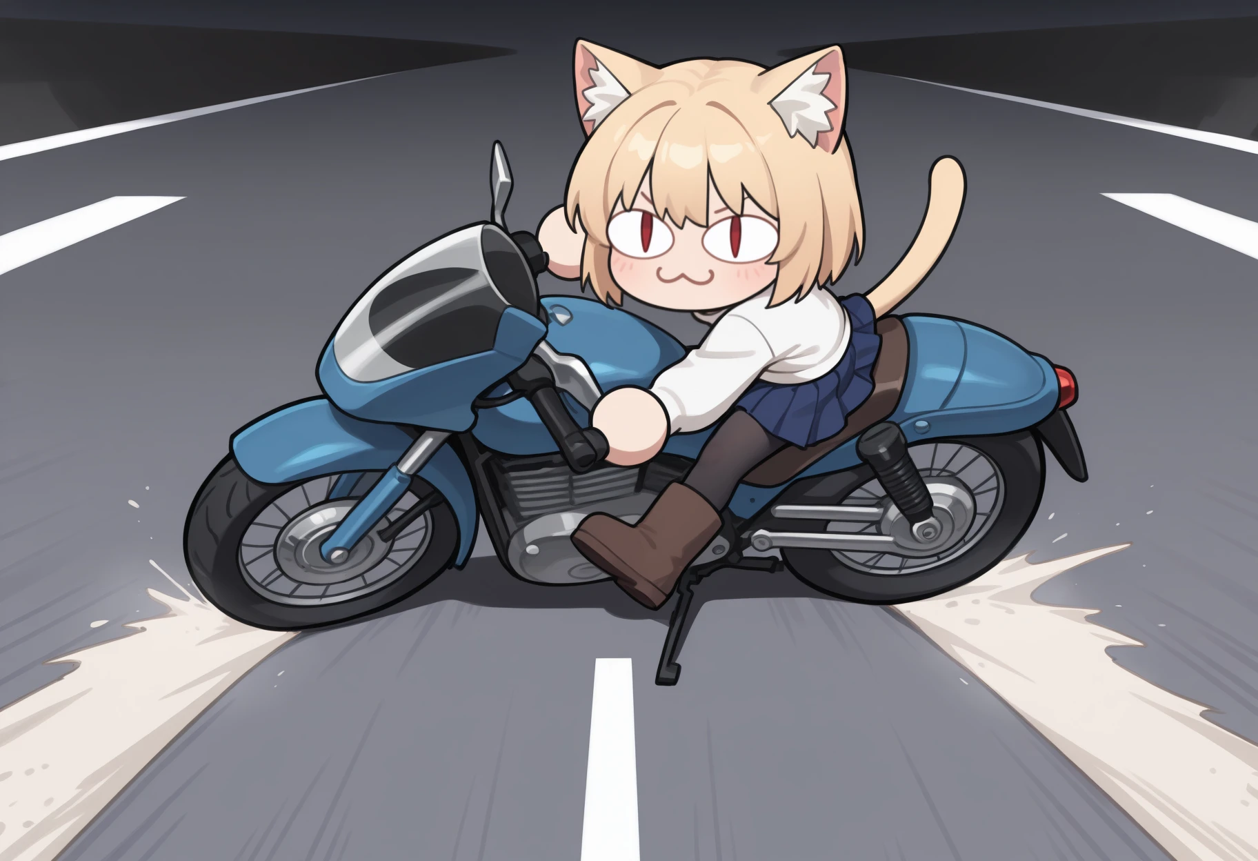 masterpiece, best quality, full body, solo, 1girl, animal ears, short hair, blonde hair, :3, cat girl, cat tail, red eyes, slit pupils, chibi, animal ear fluff, ak1rasl1de, riding, motor vehicle, on motorcycle, white sweater, long sleeves, black pantyhose, blue skirt, pleated skirt, boots, brown footwear, road
<segment:yolo-Anzhc Face seg 640 v2 y8n.pt,0.4,0.5//cid=1>