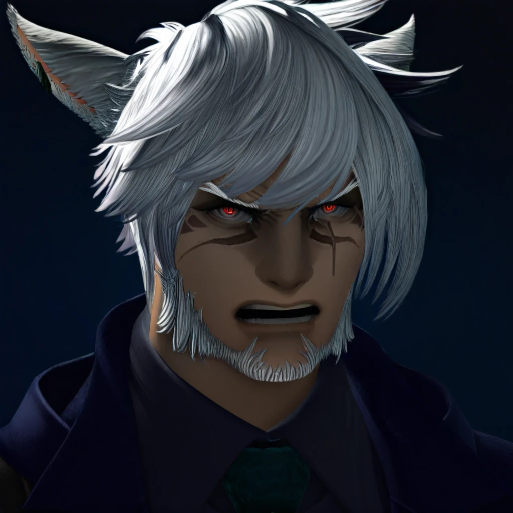 gray hair, gray long hair, ((yellow eyes)), eye patch, (((muscular))), big breasts, happy, (tanned skin), ((black clothes)), sexy, Ghislaine Dedoldia of Mushoku Tensei, fur-trimmed jacket, green pants, open fly, open belt, bikini top only, red choker, cat ears
