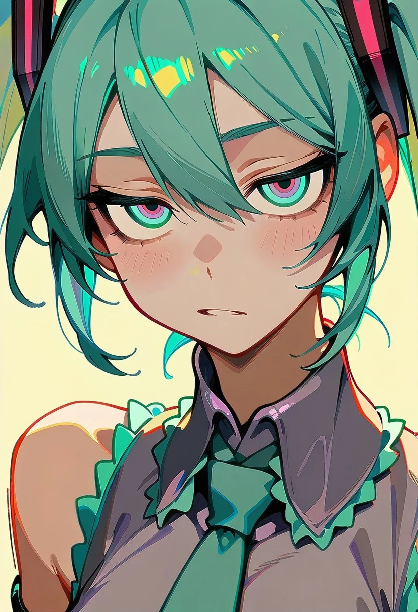 masterpiece,best quality,absurdres, amazing quality, hi res, masterpiece, best quality, detailed, amazing quality, detailed face, detailed eyes, clean eyes, best quality, highres, very aesthetic, newest, ultra-detailed, illustration, (best quality:1.1),ultra-detailed, high resolution, super detailed skin, beautiful detailed eyes, nsfw, Brightly Lit, Highly Visible, 8k, sharp focus, beautiful, perfect lighting, beautiful eyes, anatomically correct, anatomically correct face, extremely detailed eyes, smooth edges, beautiful face, symmetrical eyes, symmetrical face,
BREAK Little_netizen, disdainful eyes, 1girl, hatsune miku, close up, portrait, eyes focus:0.5