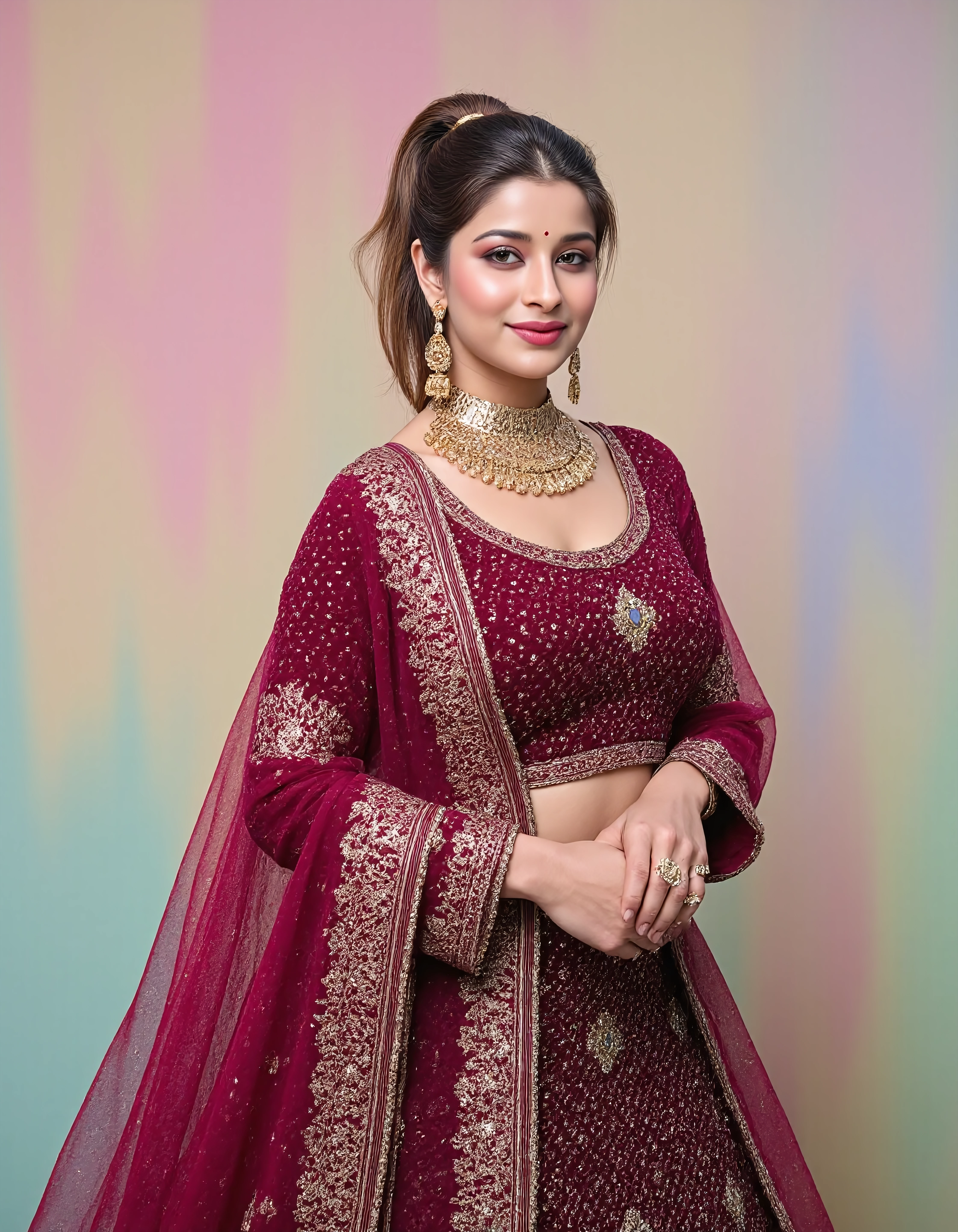 full body photo of Nyra Banerjee, hyper realistic candid photo, shy smile,studio quality, wearing intricate conservative long sleeved Burgundy Lehenga Choli, high ponytail, pastel shaded multicolored background, cinematic lighting, <lora:Nyra_Banerjee_Madhuurima_Flux_Kohya_V1:1>âââ