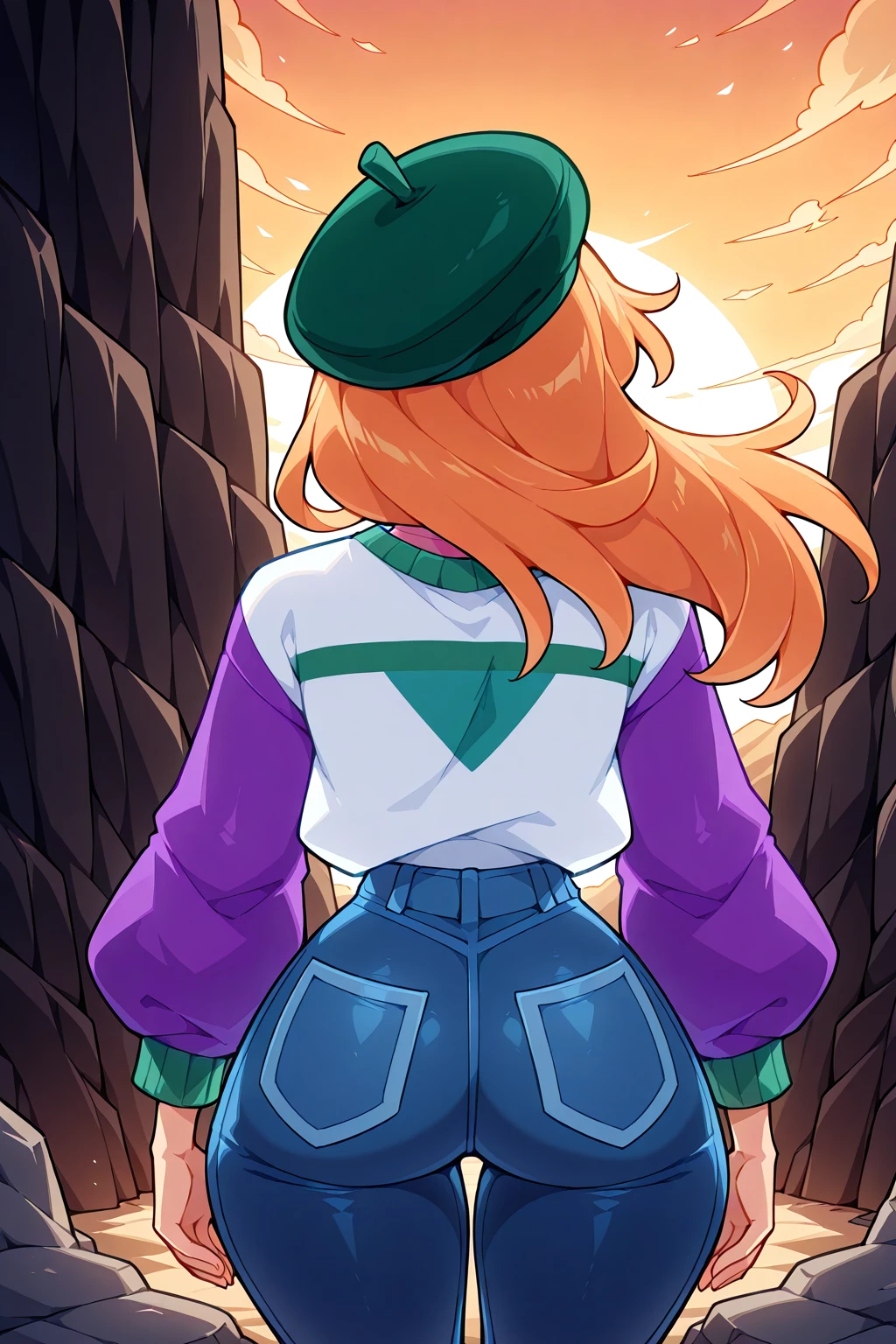 <lora:Kayleigh Illustrious:0.6>, kayleigh, white sweater, purple sleeves, beret, jeans, green headwear, sweater tucked in, 1girl, solo, cliff, sunset, wind, facing away, pink shirt, shirt under sweater, from behind, wide hips