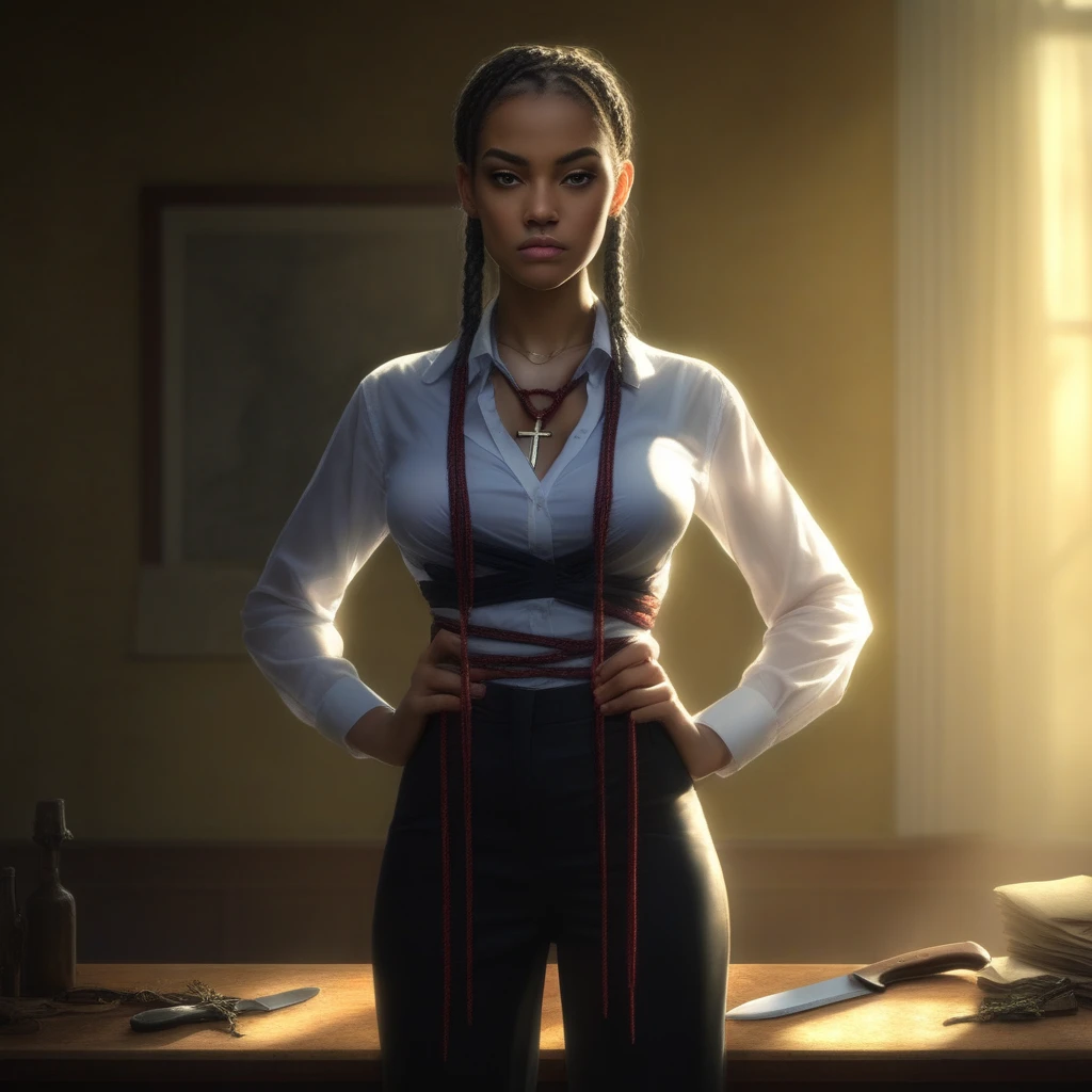 necktie, blurry background, hands on , knife, indoors, twin braids, cross necklace, covering , sunlight