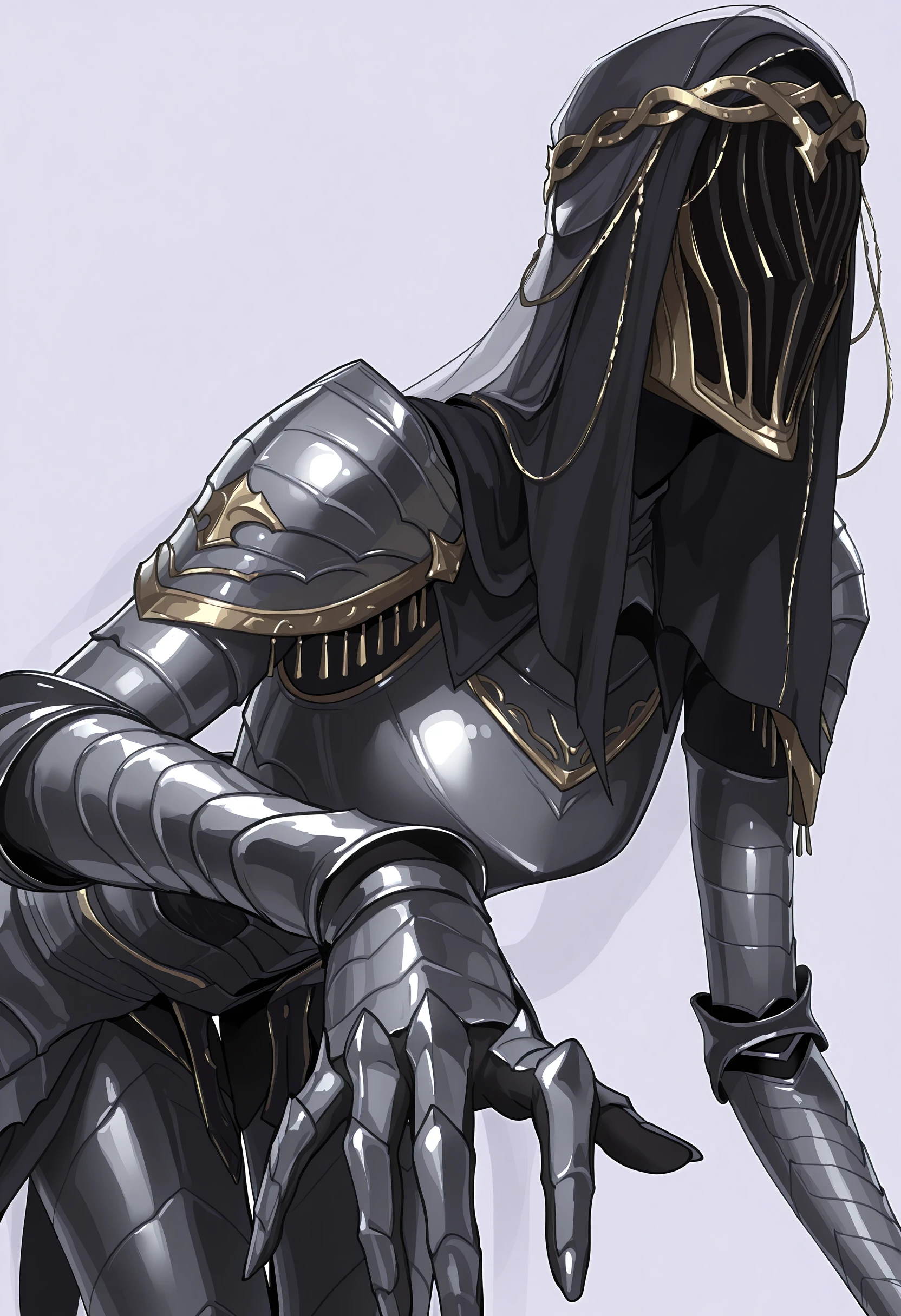 masterpiece, best quality, amazing quality, very aesthetic, absurdres, newest, <lora:DancerDS3ILf:0.9> dbvilf, 1girl, armor, shoulder armor, gauntlets, veil, hood, colored skin, long limbs, upper body, bent over, reaching for viewer,
light purple background, simple background,