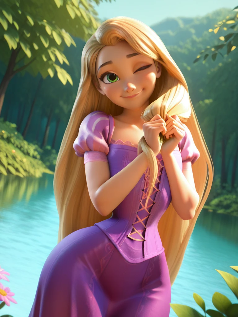 ,
1girl, (RapunzelXL:1.1), purple dress, very long hair, blonde hair, green eyes, puffy sleeves, short sleeves, corset, flat chest, narrow waist, wide hips,
very happy dutch angle, front, holding her hair with both hands, smile, looking at viewer, nature, vegetation, lake, flowers, dynamic pose, cowboy shot,, one eye closed,
<lora:RapunzelXL_character-12:0.75> <lora:3d:1> 3dcgi,,, highres, hi res, best quality, masterpiece, intricate details, absurdres,