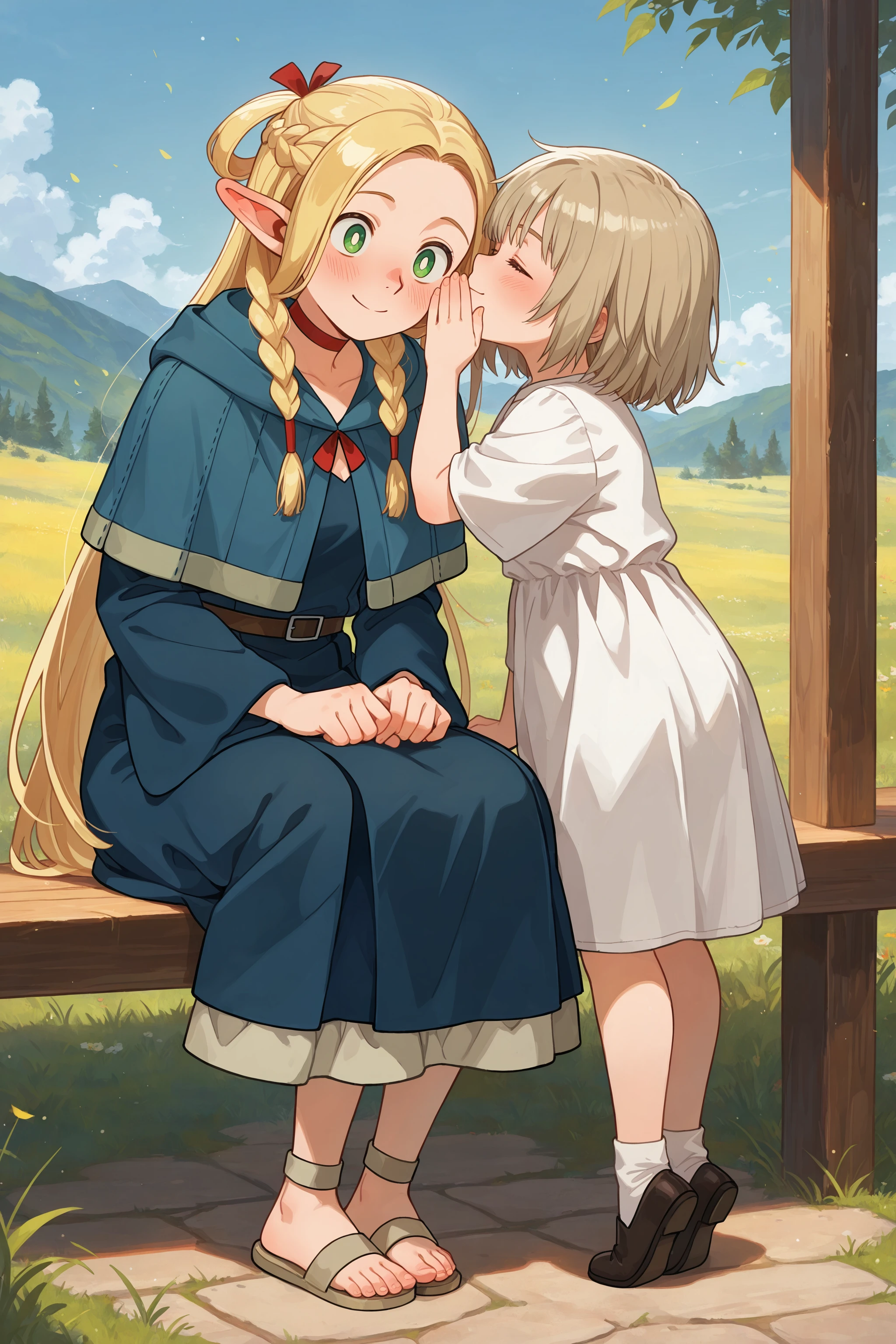 masterpiece, best quality, absurdres, safe
[2girls:1girl:0.3], marcille, whispering in ear
sitting, smile
BREAK
masterpiece, best quality, absurdres, safe
[2girls:1girl:0.3], falin thorden, whispering in ear
closed eyes, smile, aged down, tiptoes
<lora:whispering_in_ear_il_2_right_to_left:1>