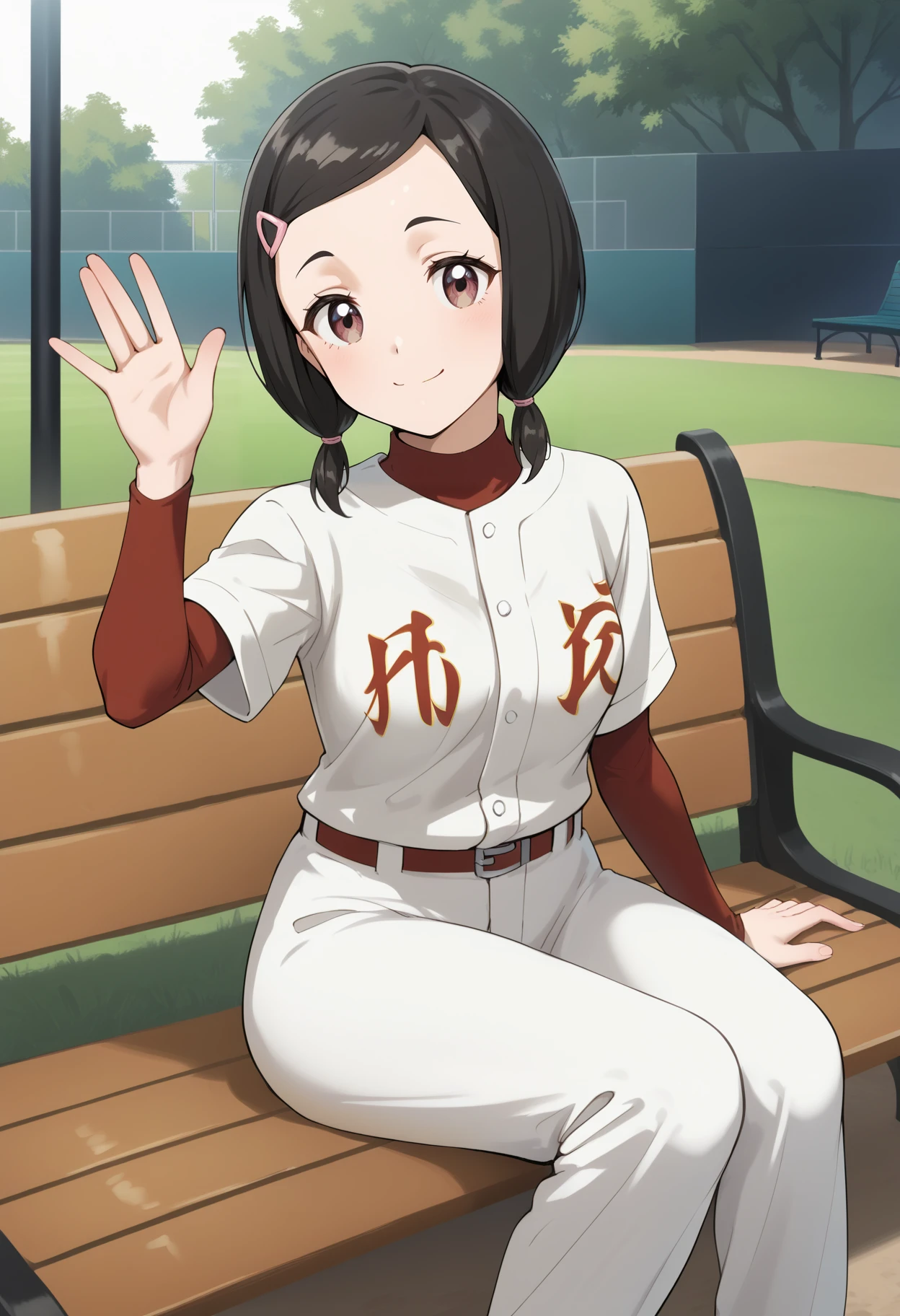 score_9, score_8_up, score_7_up, score_6_up, score_5_up, score_4_up, source_anime, aachisato, black hair, short twintails, low twintails, swept bangs, hair ornament, hairclip, brown eyes, medium breasts, <lora:fujii_chisato_ponyxl_v1:0.9>, sitting, waving, smile, closed mouth, bench, park, solo, baseball uniform, pants,
