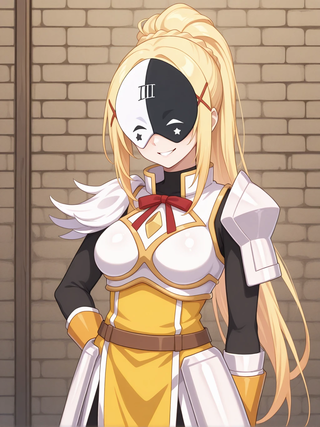 1girl, solo, blonde hair, long hair, ponytail, Darkness-Liver020, outfit 1, outfit1, white armor, cowboy shot, yellow dress, armor, red ribbon, x hair ornament, brown metal belt, black-white_Vanir_eye mask, white-black_Vanir_no pupils eyes, white-black_Vanir_star (symbol), white and black mask, multicolores mask, no eyes, evil smile, blush, mask, vanir mask