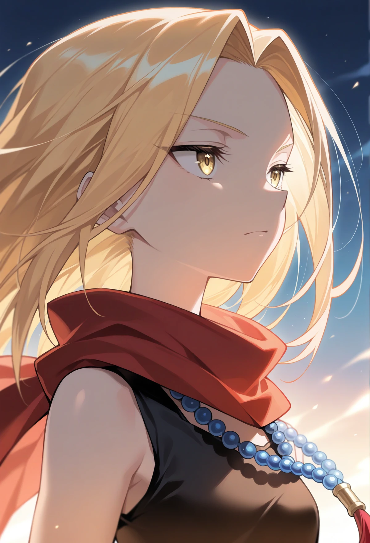 masterpiece, best quality, high quality, anime, solo,
<lora:AEAnna:1> AEAnna,yellow eyes, blonde hair, parted bangs, forehead, bead necklace, black dress, sleeveless dress, red scarf, portrait, serious,