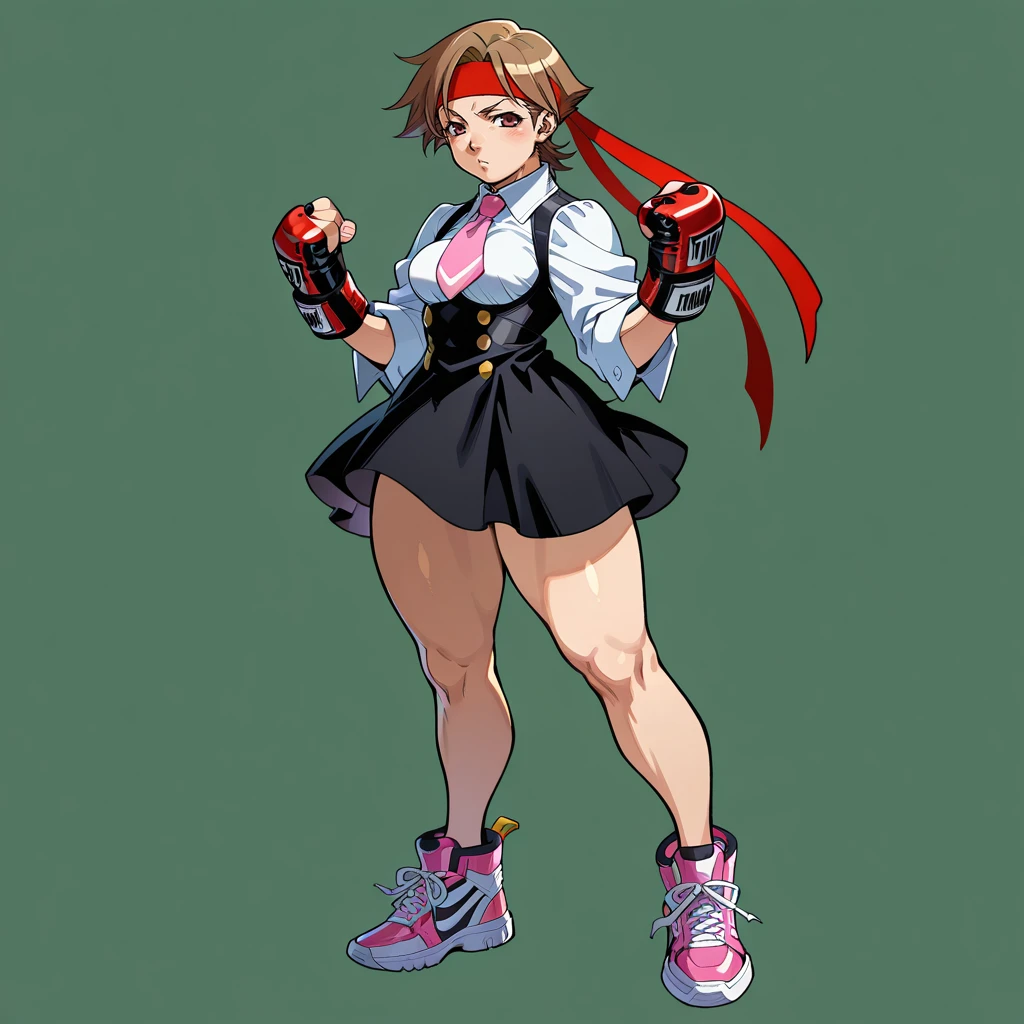 1girl, solo, masterpiece,best quality, very aesthetic, absurdres, amazing quality, high resolution, ultra-detailed, absurdres,simple_background, white_background,
fullbody view, Standing, looking at vewier
 <lora:Project_Justice_Style_Edayan-000006:1> Edayan, crosshatching, 
 <lora:SAKURASF:1> SAKURASF,brown hair, brown eyes, black dress, pink tie, red headband, framed breasts, white collared shirt, fingerless mma gloves, Thick legs |