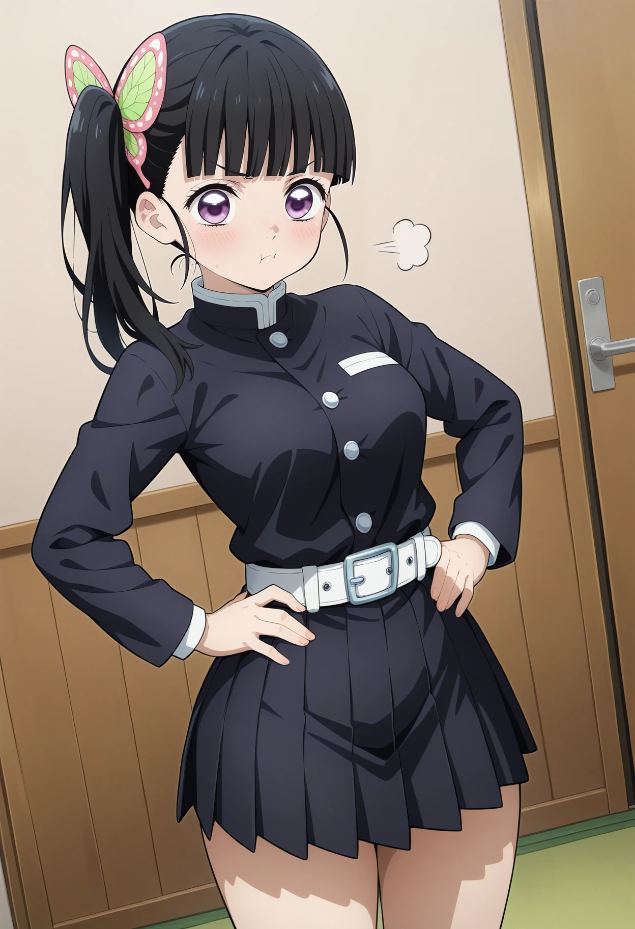 best quality, good quality, amazing quality, very aesthetic, absurdres, masterpiece, 1girl, aakanao, long hair, black hair, side ponytail, hair ornament, blunt bangs, purple eyes, medium breasts, black shirt, long sleeves, white belt, pleated skirt, black skirt, <lora:tsuyuri_kanao_ilxl_v1:1>, standing, cowboy shot, hands on own hips, indoors, pout,