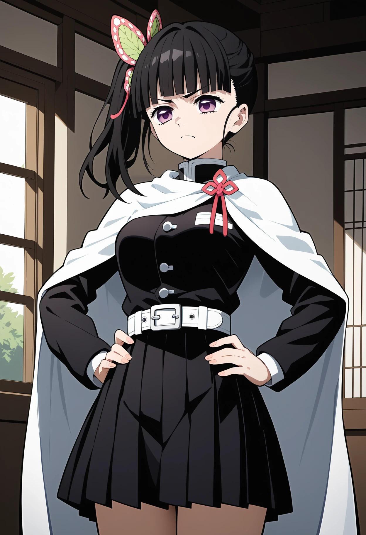 score_9, score_8_up, score_7_up, score_6_up, score_5_up, score_4_up, source_anime, aakanao, long hair, black hair, side ponytail, hair ornament, purple eyes, breasts, white cape, black shirt, long sleeves, white belt, pleated skirt, black skirt, <lora:tsuyuri_kanao_ponyxl_v1:0.9>, standing, cowboy shot, hands on own hips, pout, frown, indoors,