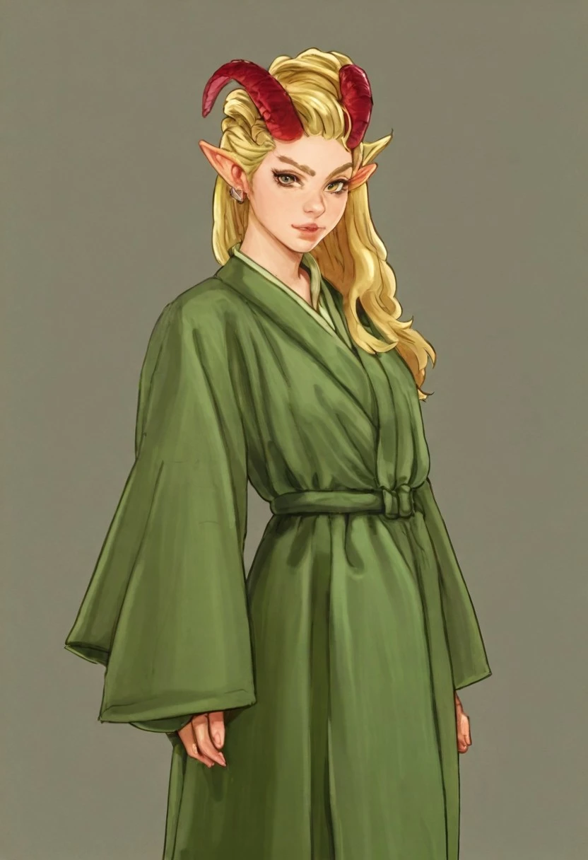 masterpiece, highres, 1girl, solo, looking at viewer, sexy attire, sheer green robes, simple background, blonde hair, horns, tiefling