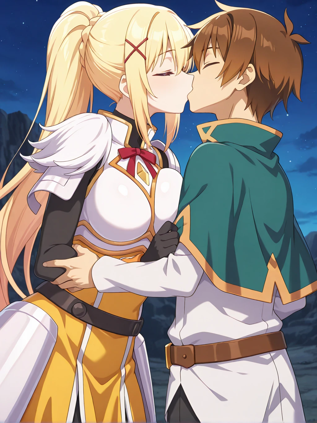 very aesthetic, high resolution, ultra-detailed, absurdres, newest, scenery, medium depth of field, rule of thirds, masterpiece-level, clean lines, sharp, focused subject, minimalistic composition, masterpiece, amazing quality, best quality, anime screencap, detailed face, detailed eyes, detailed outfit, face focus, 1girl, solo, blonde hair, long hair, ponytail, Darkness-Liver020, outfit 1, outfit1, white armor, cowboy shot, yellow dress, armor, red ribbon, x hair ornament, brown metal belt, black glove, large breasts, (kiss, kissing whith Satou Kazuma, kiss with Kazuma Satou:1.2), 1 man, closed eyes, green capelet, small capelet