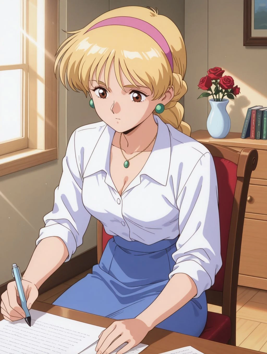 masterpiece, best quality, newest, absurdres, highres, detailed eyes, beautiful, detailed background, perfect eyes, anime coloring, anime screencap, 1990s \(style\), 1girl, solo, katejina loos. blonde hair, long hair, ponytail, braid, pink hairband, brown eyes, medium breasts, earrings, white collared shirt, collarbone, necklace, blue skirt, long skirt, black pantyhose, boots, cowboy shot, (indoors, living room, sitting, chair, table, writing, holding pen, paper, writing, book, vase, rose, window, light rays), <lora:katejina_gdmv_pony-08:0.8>