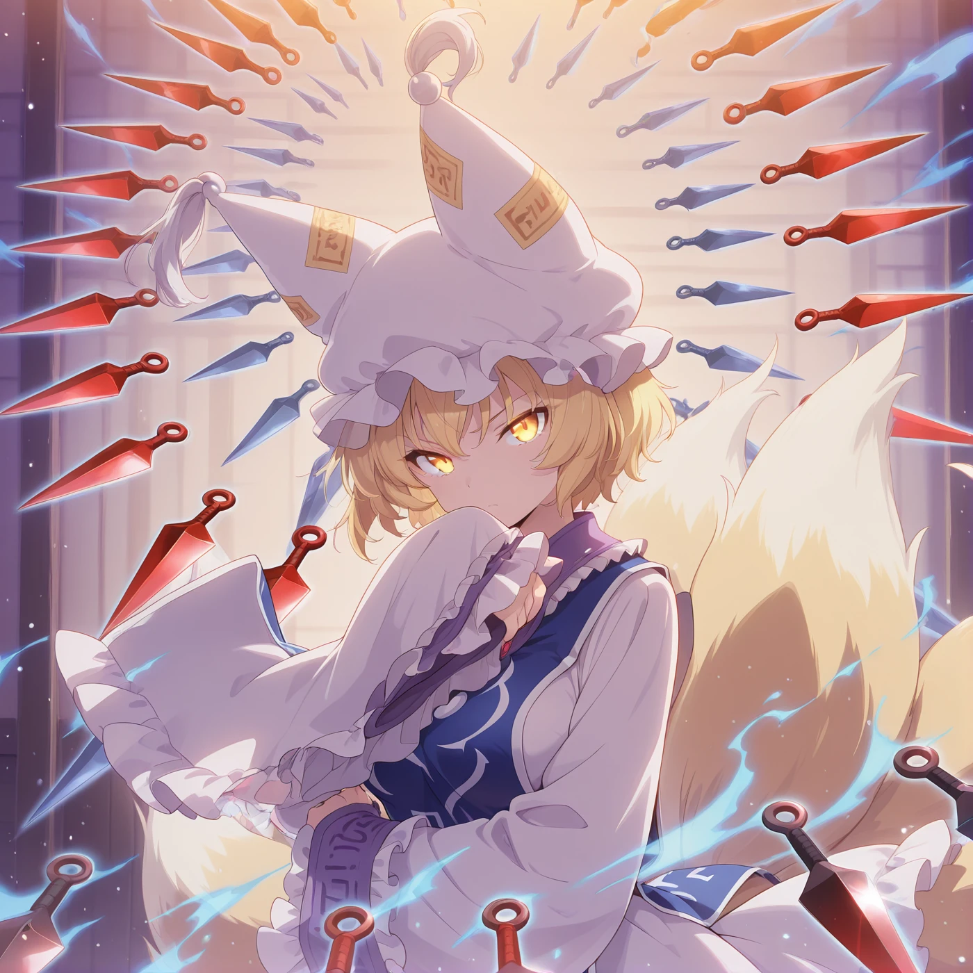 absurdres, highres, masterpiece, best quality, amazing quality, official anime artwork, screencap, anime screencap, dynamic pose, light particles, looking at viewer, danmaku, kunai,
<lora:Yakumo-Ran_Illustrious:1> yakumo ran, 1girl, solo, yellow eyes, blonde hair, short hair, multiple tails, fox tail, fox ears,, hat, white headwear, ofuda, tabard, white dress, long dress, frills, long sleeves, wide sleeves, hands hidden in sleeves,
serious, glowing eyes, glowing eye trail, eye trail,