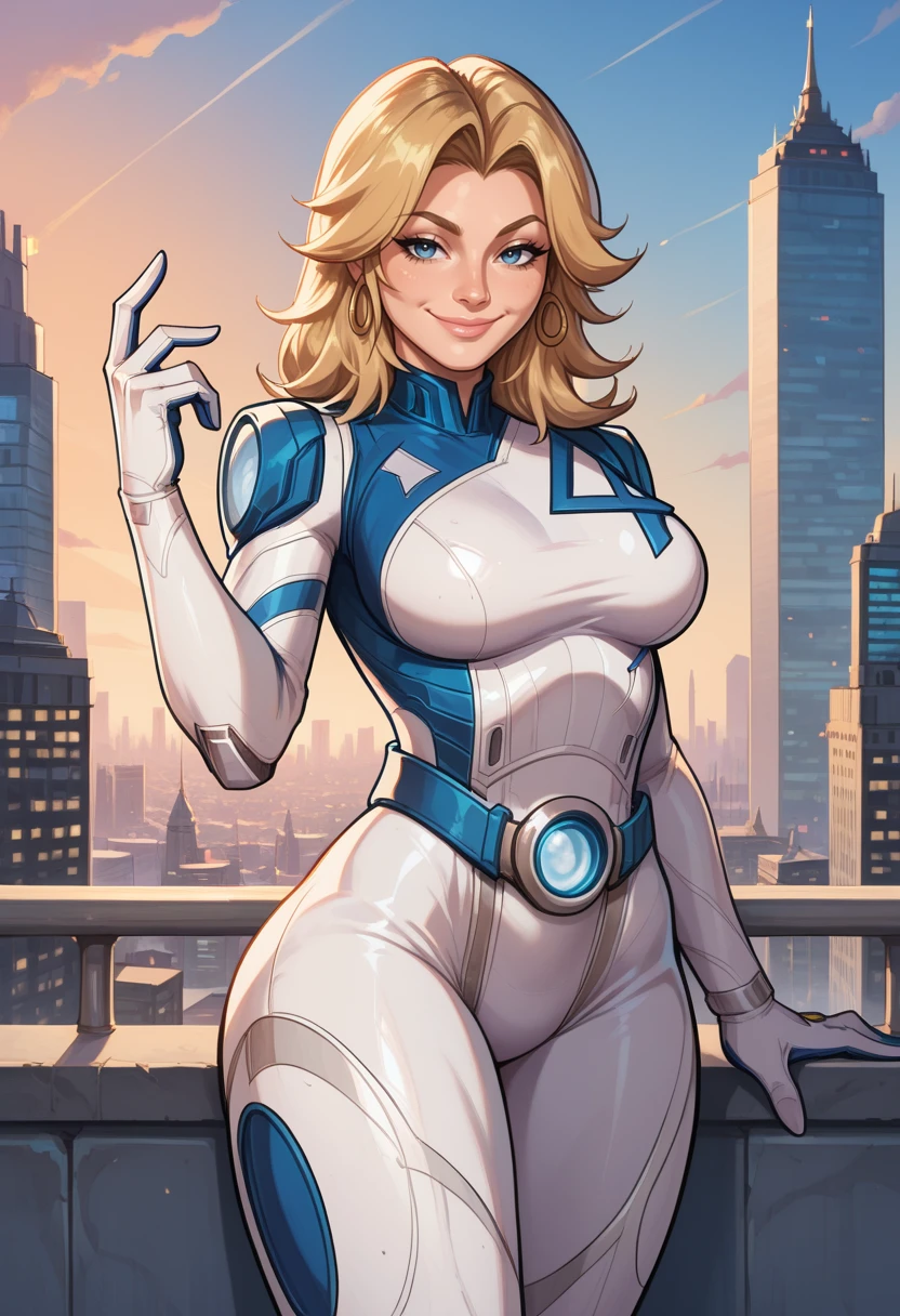 ((score_9, score_8_up, score_7_up, score_6_up, score_5_up, score_4_up)), BREAK, ((source_SemiRealistic)), BREAK, ((Masterpiece, Best Quality, Highly Detailed, 3/4 shot, Detailed Background)), BREAK, ((Large Breasts, Wide Hips, Big Ass)), BREAK, ((1girl)), <lora:Marvel_Rivals_-_Sue_Storm_-_Invisible_Woman:1> sue storm, blonde hair, medium hair, blue eyes, white bodysuit, belt, city, skyscrapers, smile