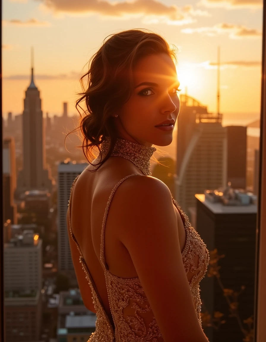 Subject: A woman standing on a luxurious, penthouse balcony overlooking a breathtaking cityscape at sunset.
Lighting: Warm, golden light from the setting sun casting a dramatic ambiance.
Camera Angle: Low angle shot, looking up at the woman's face as she gazes out at the viewer.
Composition Style: Leading lines of the city skyline converge to her eyes.
Clothing: High-necked, long-sleeved evening gown in metallic gold with beaded embroidery.