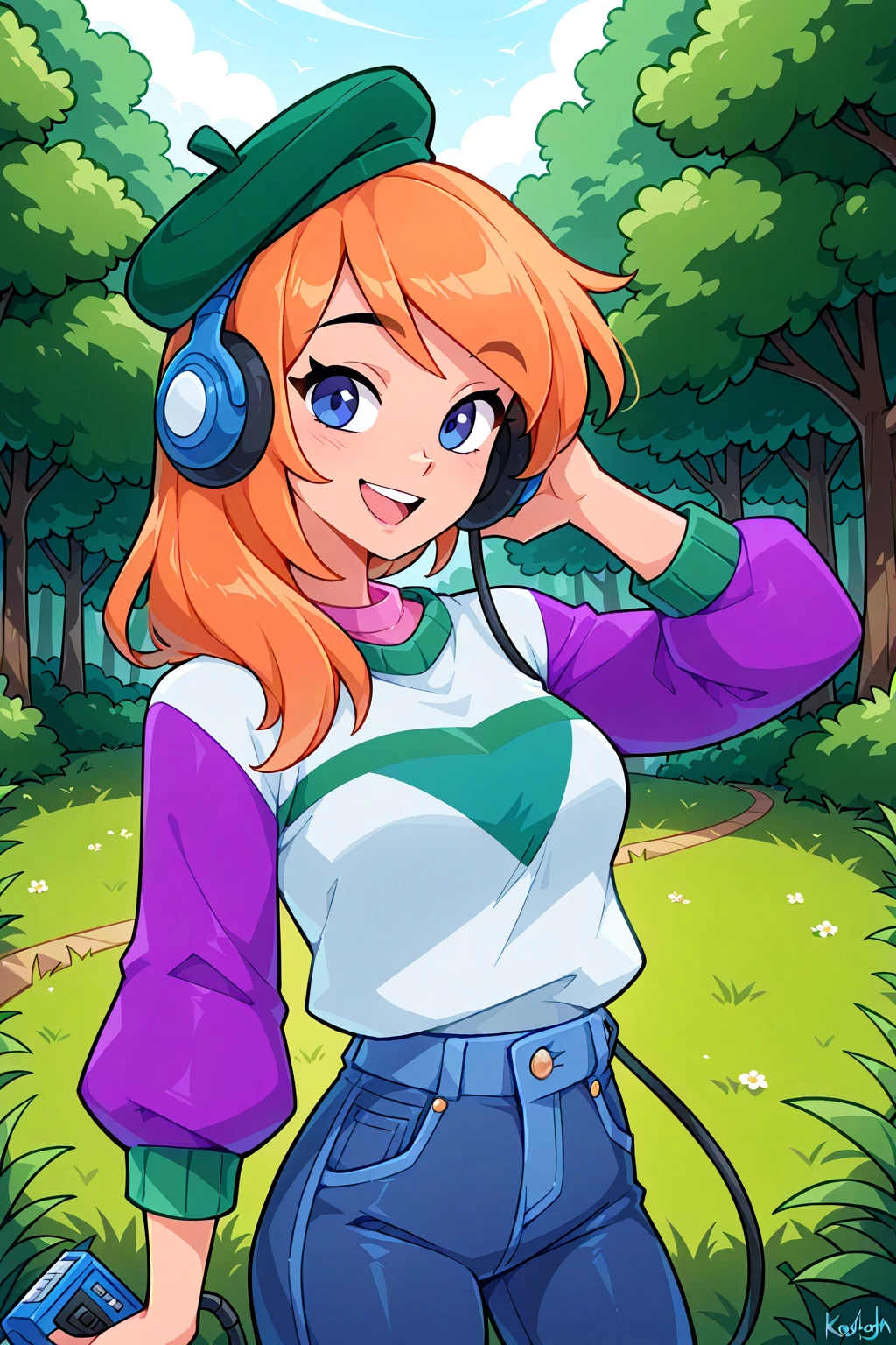 <lora:Kayleigh Illustrious:0.6>, kayleigh, looking at viewer, smile, :d, medium breasts, white sweater, pink shirt, shirt under sweater, purple sleeves, beret, jeans, green headwear, outdoors, sweater tucked in, 1girl, solo, nature, headphones, hand on headphones, holding, audio cable, cassette player
