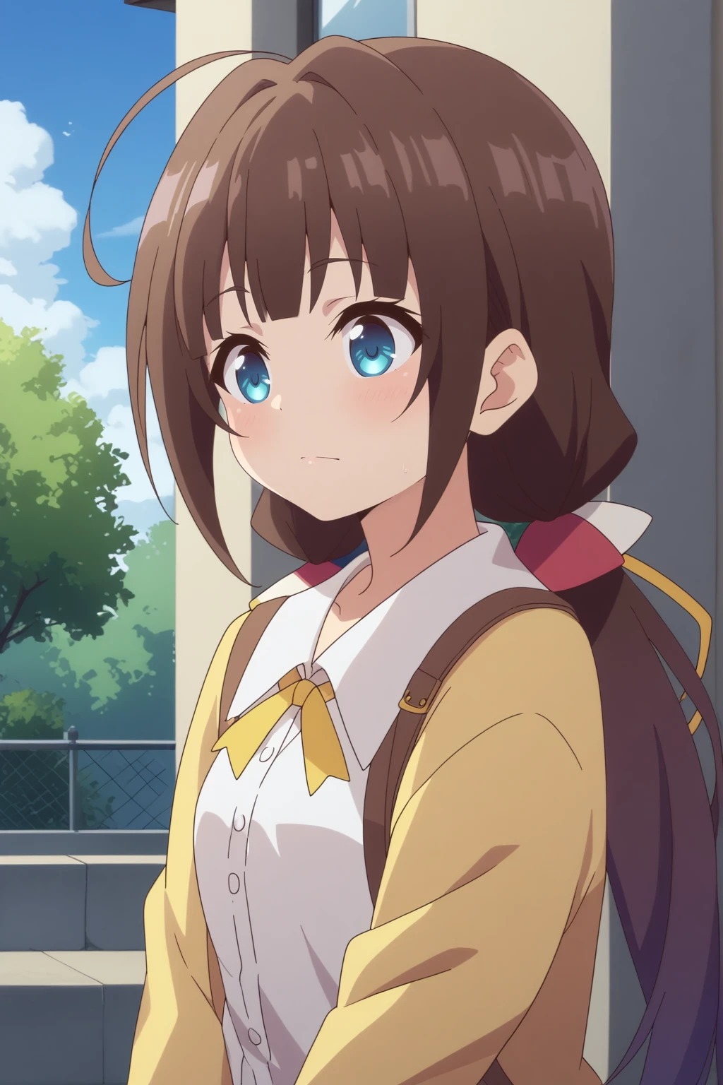 anime coloring, score_8_up, Hinatsuru_Ai, upper body, outdoors <lora:Ryuuou_no_Oshigoto-Hinatsuru_Ai-PDXL:0.8>