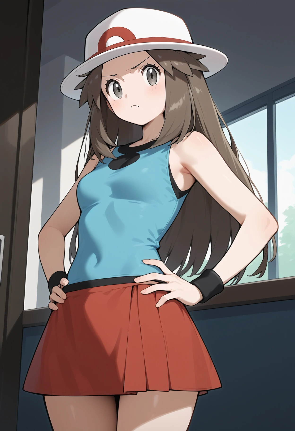 score_9, score_8_up, score_7_up, score_6_up, score_5_up, score_4_up, source_anime, aaleaf, long hair, brown hair, porkpie hat, white headwear, grey eyes, breasts, blue shirt, sleeveless, black wristband, miniskirt, red skirt, <lora:leaf_(pokemon)_ponyxl_v1:0.9>, standing, cowboy shot, hands on own hips, pout, frown, indoors,