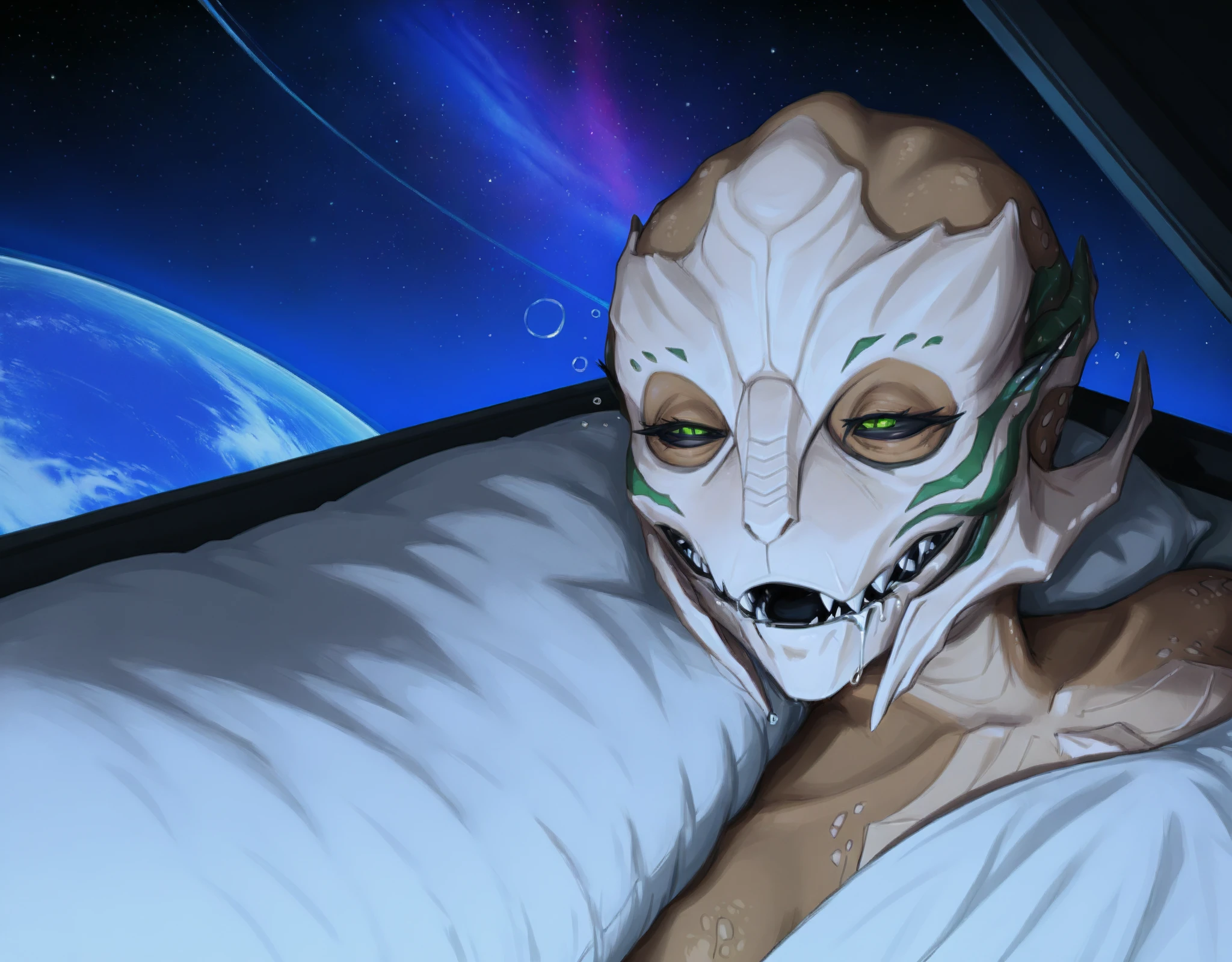 limmy_waking_up, photonoko, (pixelsketcher:0.9), (personalami:0.7), face focus, (detailed background:1.2), (three-quarter view:1.2), (dark, night:1.2), blue lighting, space background, bedroom, pillow, on bed, window, planet, stars, science fiction, best quality, high quality, masterpiece, very awa, solo, (detailed, detailed skin, detailed scales:1.1), eye bags, female, (turian:1.2), (chest horn:1.2), brown skin, (light:0.8) faceplate, (green facemark:1.1), eyelashes, green eyes, (slit pupils:1.2), (eyelashes, eyeliner:1.1), (black sclera:1.2), (mass effect:0.5), nude, under blanket, (drooling:0.7), drunk bubble, sharp teeth, (squint:1.1), <lora:FemturIL:1.3> <lora:limmy_waking_up:1.1>