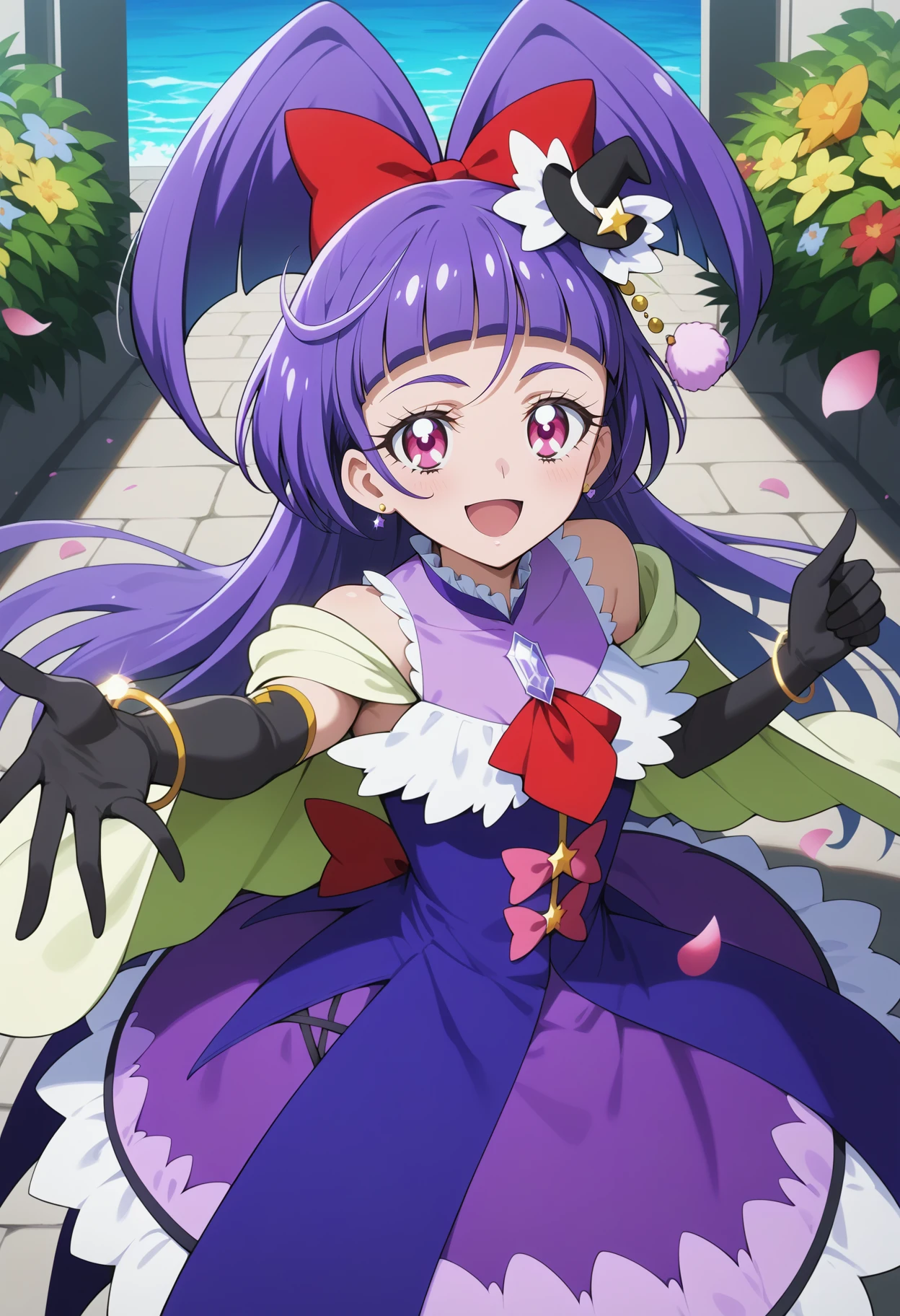 score_9, score_8_up, score_7_up, score_6_up, score_5_up, score_4_up, source_anime, aacm, precure, long hair, light purple hair, red bow, mini hat, black headwear, pink eyes, breasts, jewelry, capelet, brooch, red ascot, purple dress, bracelet, elbow gloves, black gloves, pink bow, purple skirt, <lora:izayoi_liko_ponyxl_v1:0.9>, standing, cowboy shot, garden, smile, open mouth, reaching, petals, looking at viewer,