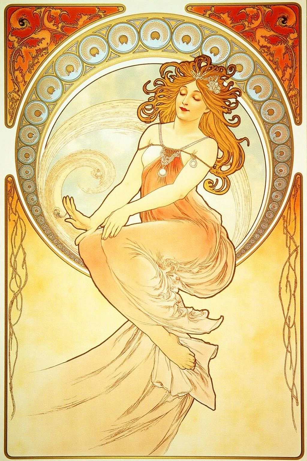 mucha1 illustration
A serene, ethereal woman with flowing, wavy golden hair cascading down her back and shoulders. She is depicted in a graceful, semi-reclining position, her eyes closed, and a gentle smile on her face, evoking a sense of tranquility. <lora:mucha1_cap_d6a3e11:1.0><lora:822888031657875998:0>