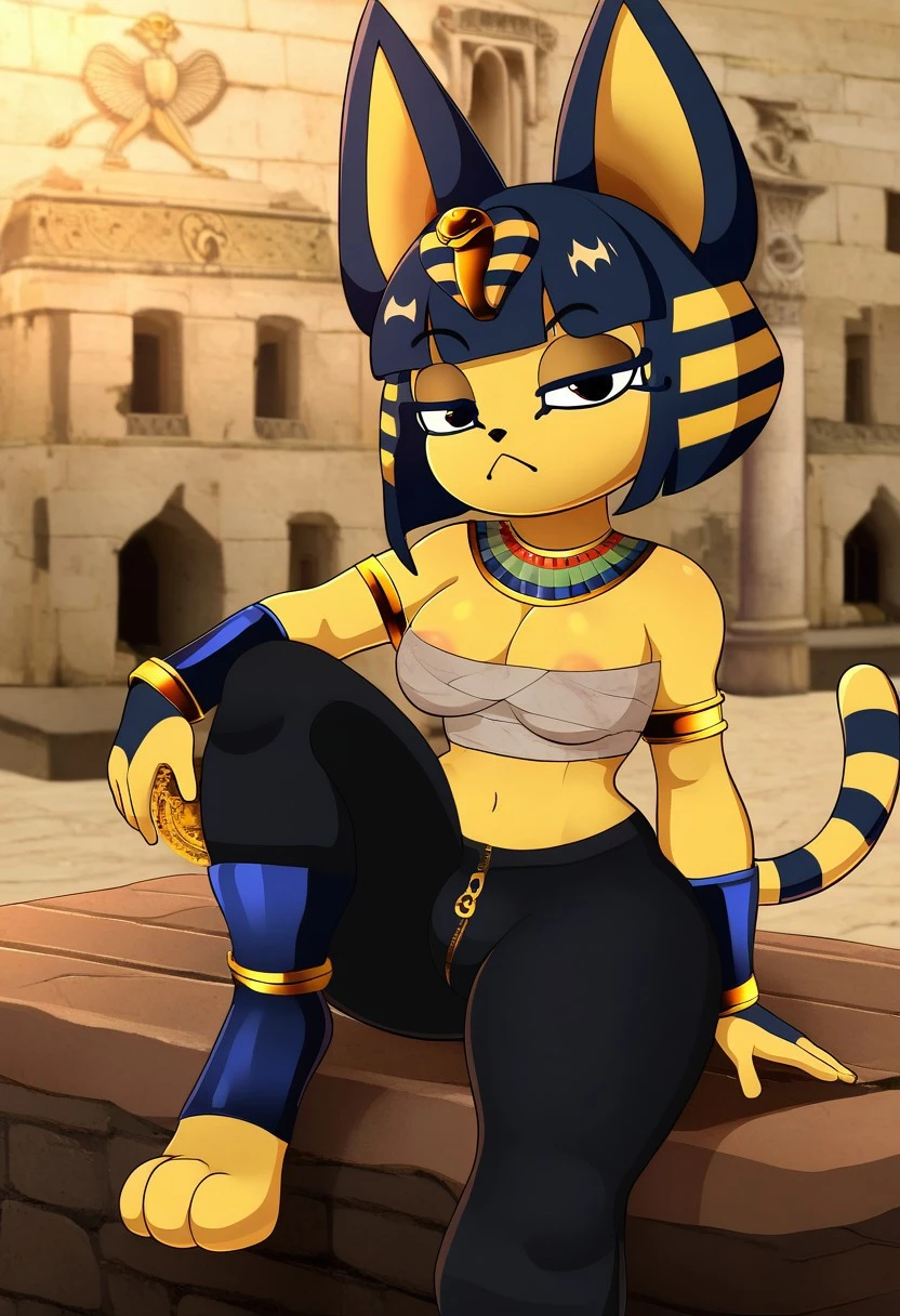 (TohiLewd),
(Ankha, 1 Girl, Solo, Unguligrade Anthro, Paws, Furry, Short Hair, Squared Bangs, Zip-Up Shirt, Croptop, Black Pants, Boots, Cleavage, Small Breasts, Areola Slip, Smug, One Raised Eyebrow, Holding Gemstone, Gold Necklaces, Gold Bracelets, Copper Armlet, Expressive, Looking At Viewer),
(Temple, Stone Bench, Stone Coffin)