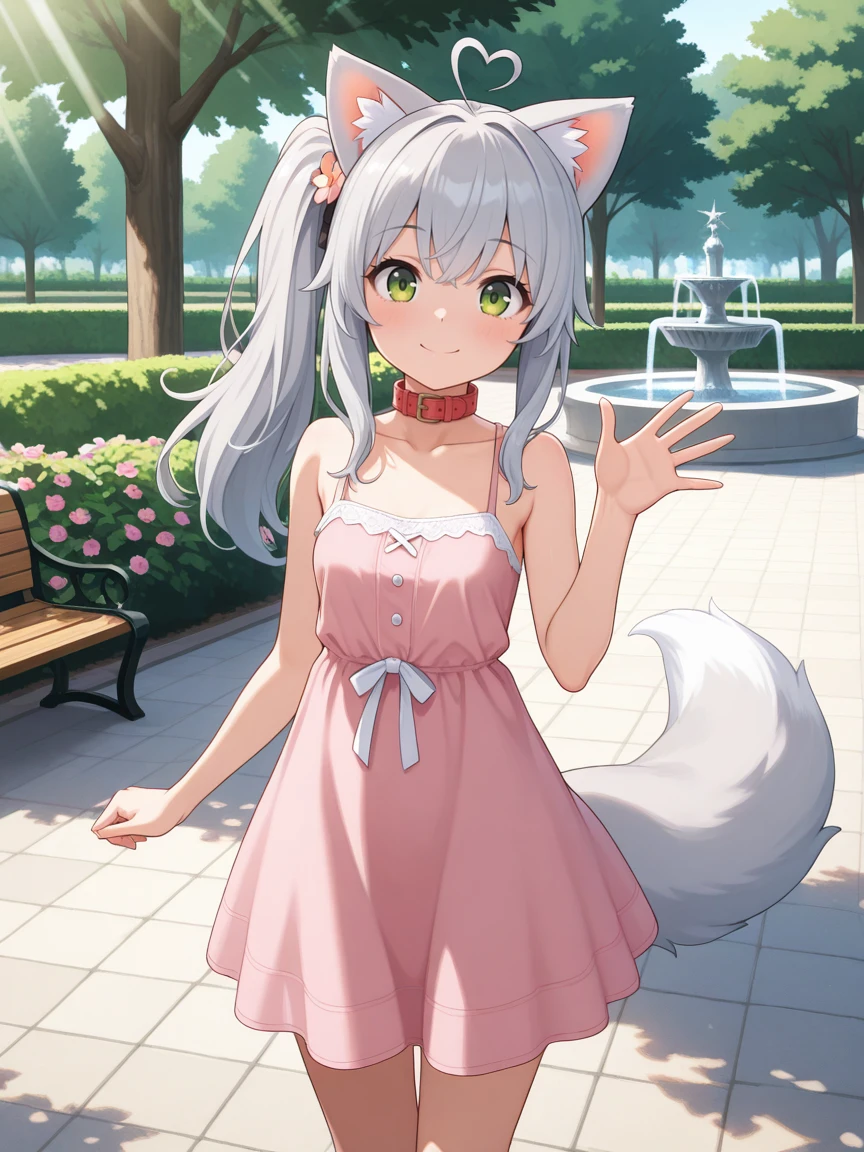 masterpiece,best quality,amazing quality, sfw, 1girl, solo, animal ears, long hair, ahoge, tail, collar, heart, green eyes, heart ahoge, grey hair, pink dress, sundress, collarbone, sleeveless, side ponytail, looking at viewer, smile, happy, waving, outdoors, park, fountain, flowers, tree, bush, bench, sunlight, day, <lora:Kit_Illisruous:0.7>