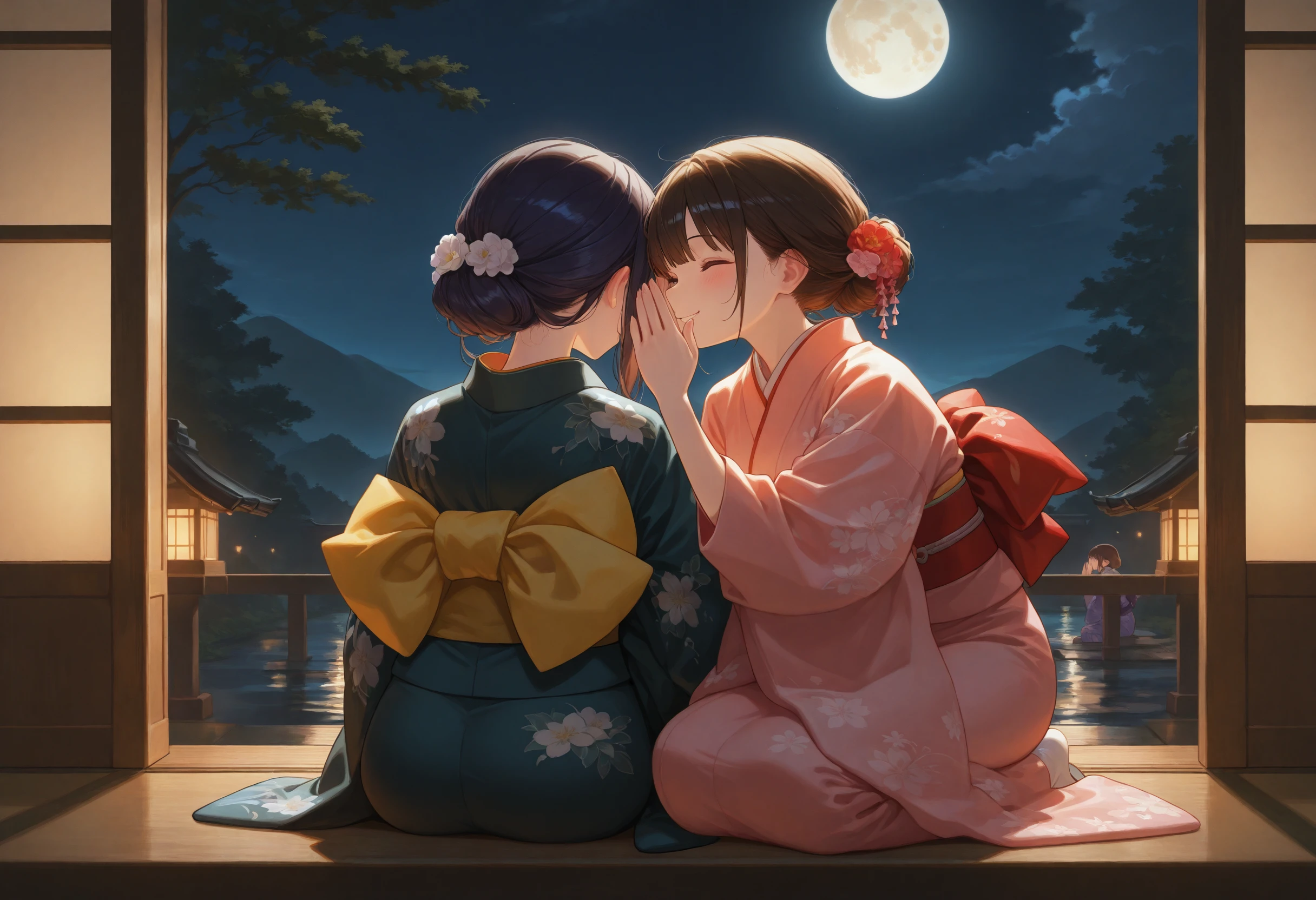 masterpiece, best quality, absurdres, safe
2girls, whispering in ear, sitting, bowing, smile, kimono, night, moon, backlighting, from behind
<lora:whispering_in_ear_il_2_right_to_left:1>
<lora:il_color_temp_slider_d1:1>