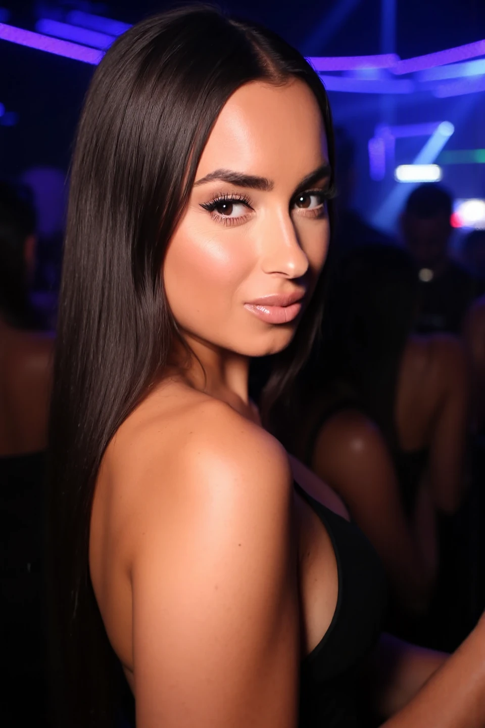 (Jewellry), very warm colors, tan skin, beautiful brunette, (high detailed face), (high detailed skin texture), (high detailed hair), (high detailed eyes), brown eyes, (long straigh dark hair), 1 girl, 20 years old, brown skin, face thin nose, photography, ultra-realistic, 8k, ((very sexy outfit)) , perfect teeth, fit girl, bottom-up view, shiny hair, ((perfect hands)), take a drink, in restaurant
