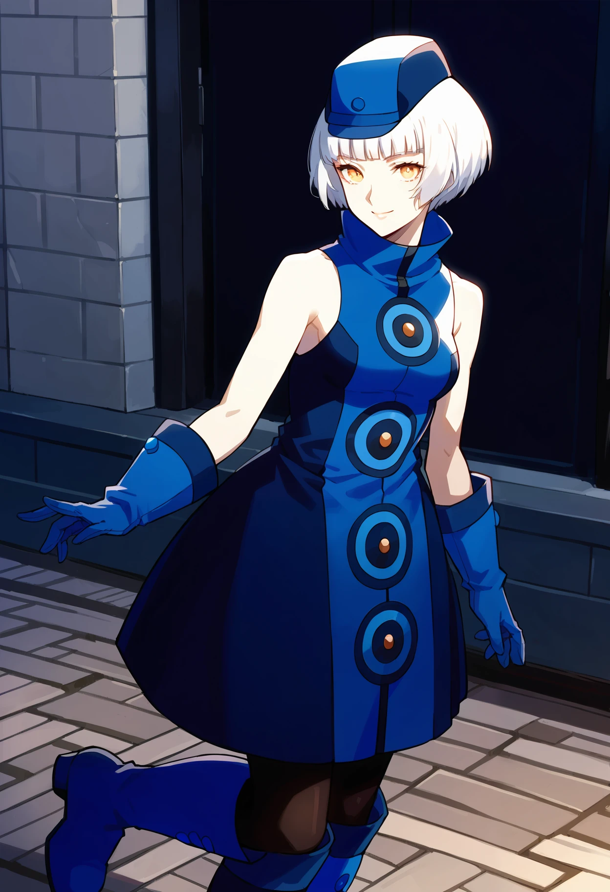 score_9, score_8_up, source_anime,
(masterwork, masterpiece, best quality, hyper-detailed :1.1),
1 girl, solo,
p3elizabeth, short hair, bob cut, white hair, blunt bangs,
p3elizabeth-dress, hat, sleeveless dress, blue dress, bare shoulders, gloves, blue gloves, pantyhose, black pantyhose, boots, blue footwear
looking at viewer, faint smile,