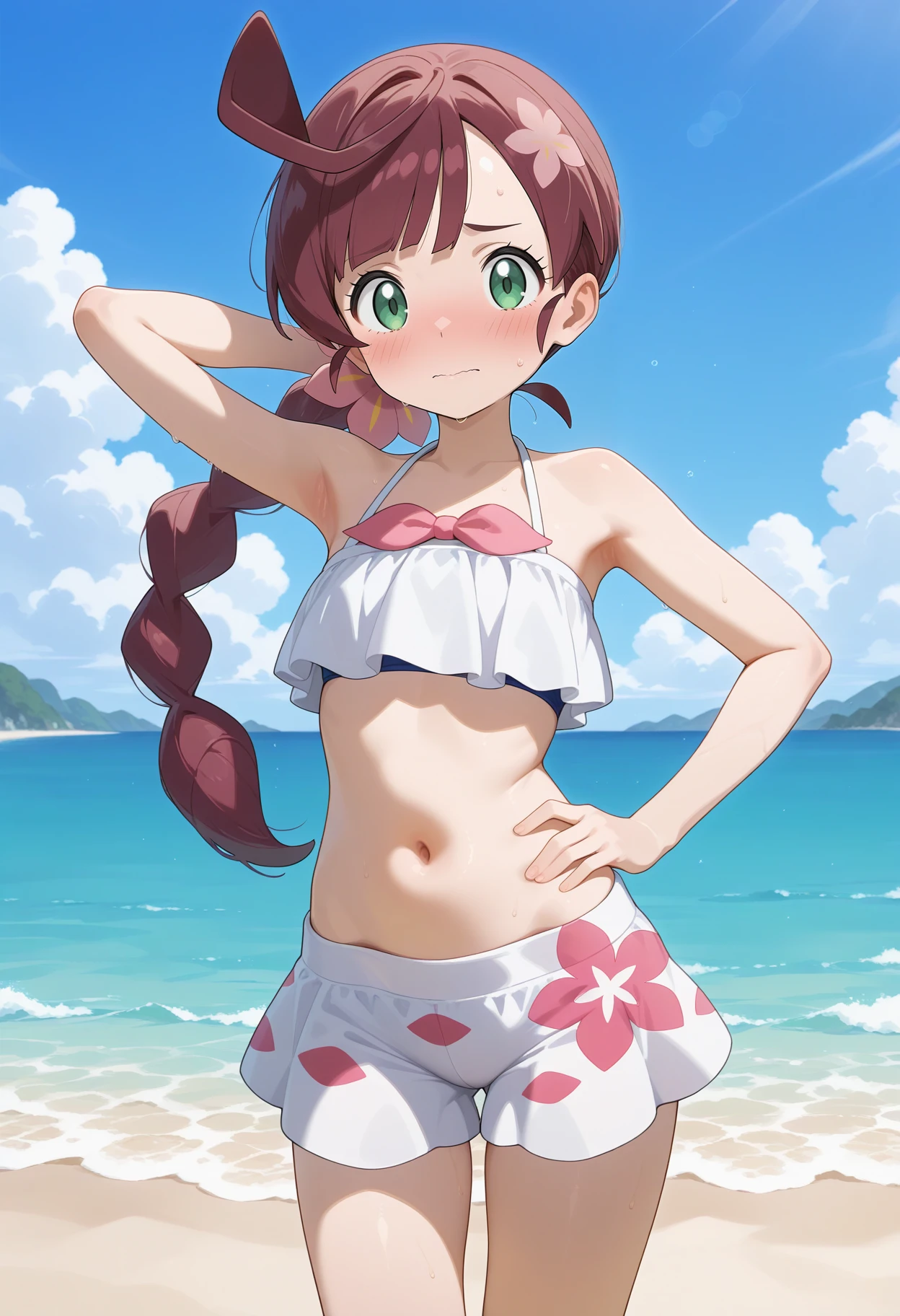 best quality, good quality, amazing quality, very aesthetic, absurdres, masterpiece, 1girl, aachloe, long hair, brown hair, braided ponytail, ahoge, green eyes, floral print, swimsuit, white bikini, bikini shorts, white shorts, <lora:chloe_(pokemon)_ilxl_v1:0.9>, standing, cowboy shot, embarrassed, blush, arm behind head, hand on own hip, beach, blue sky,