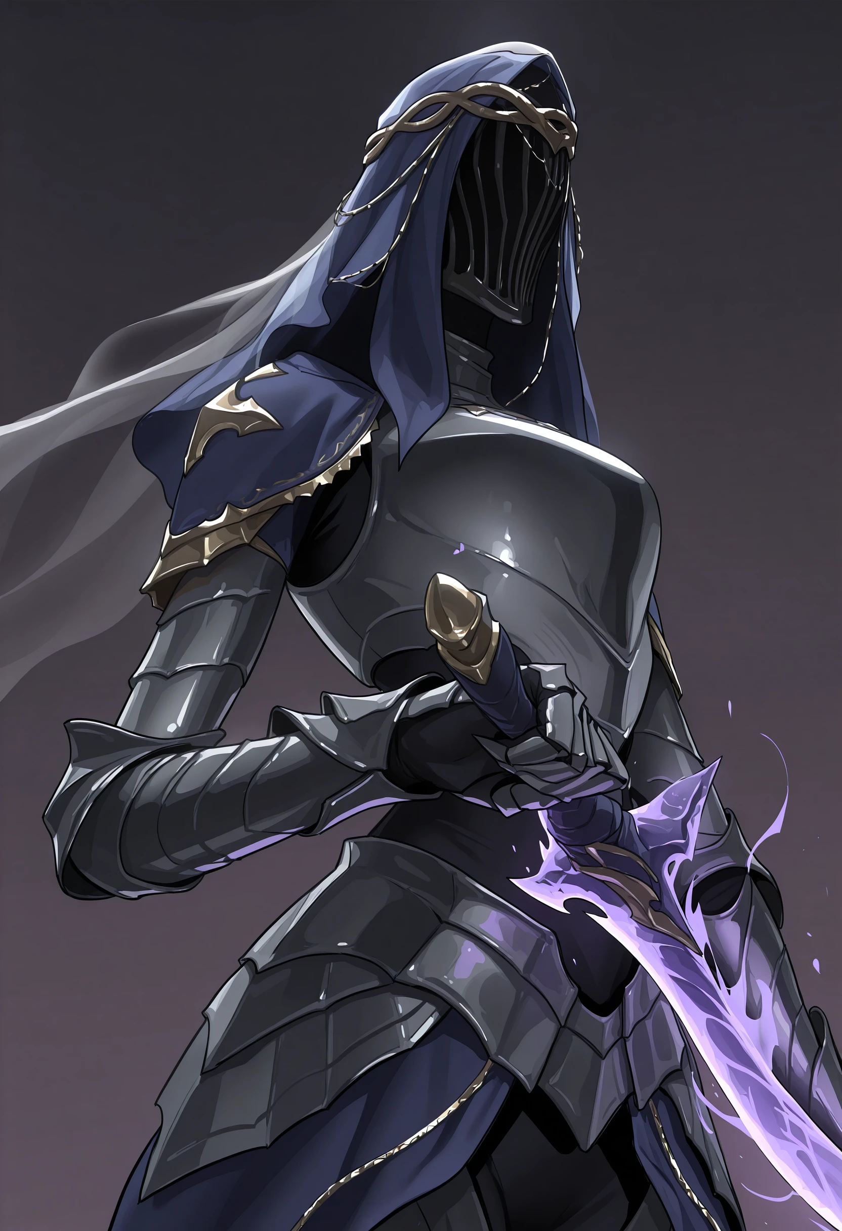 masterpiece, best quality, amazing quality, very aesthetic, absurdres, newest, <lora:DancerDS3ILf:0.9> dbvilf, 1girl, armor, shoulder armor, gauntlets, veil, blue hood, colored skin, long limbs, upper body, from below, sword, holding weapon, holding, flaming sword, holding sword, glowing sword,
light purple background, simple background,