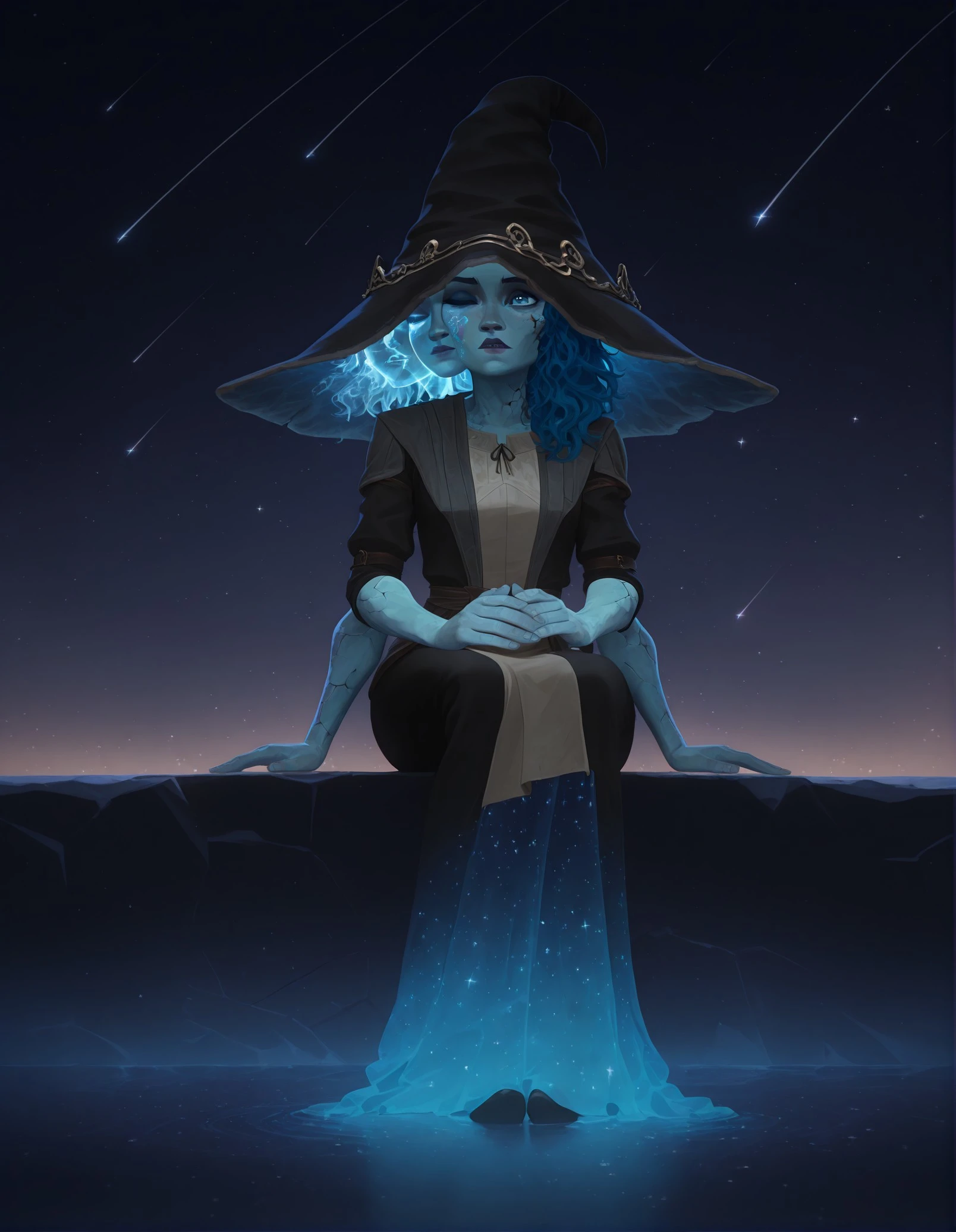 masterpiece, best quality, amazing quality, very aesthetic, absurdres, newest, solo, RnnDef, blue eyes, one eye closed, blue hair, wavy hair, (4 arms:1.2), extra faces, ghost face, blue skin, colored skin, cracked skin, witch hat, sitting on an ice throne, night setting, stars, shooting star, Arcane Style, fn wallpaper concept, <lora:23029ffd-e4e6-4870-a2b4-fb6b510c1f0b:0.8>, <lora:45d4e56e-85d2-4b64-ad4b-8ed215948a2e:0.8>, <lora:d4b05a89-e758-404d-a7fa-5062f9025de0:0.6>