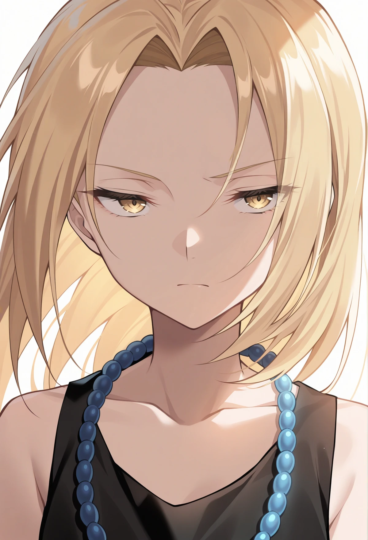 masterpiece, best quality, high quality, anime, solo,
<lora:AEAnna:1> AEAnna,yellow eyes, blonde hair, parted bangs, forehead, bead necklace, black dress, sleeveless dress, portrait, serious,