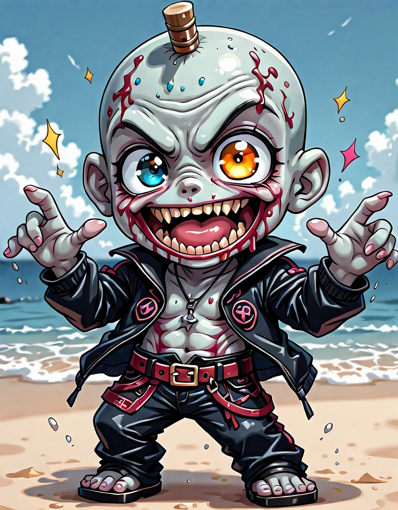 <lora:Chibi_Smile:1> chibisillus, chibi zombie, on the beach, happy, smiling, cute, dancing, kawaii,