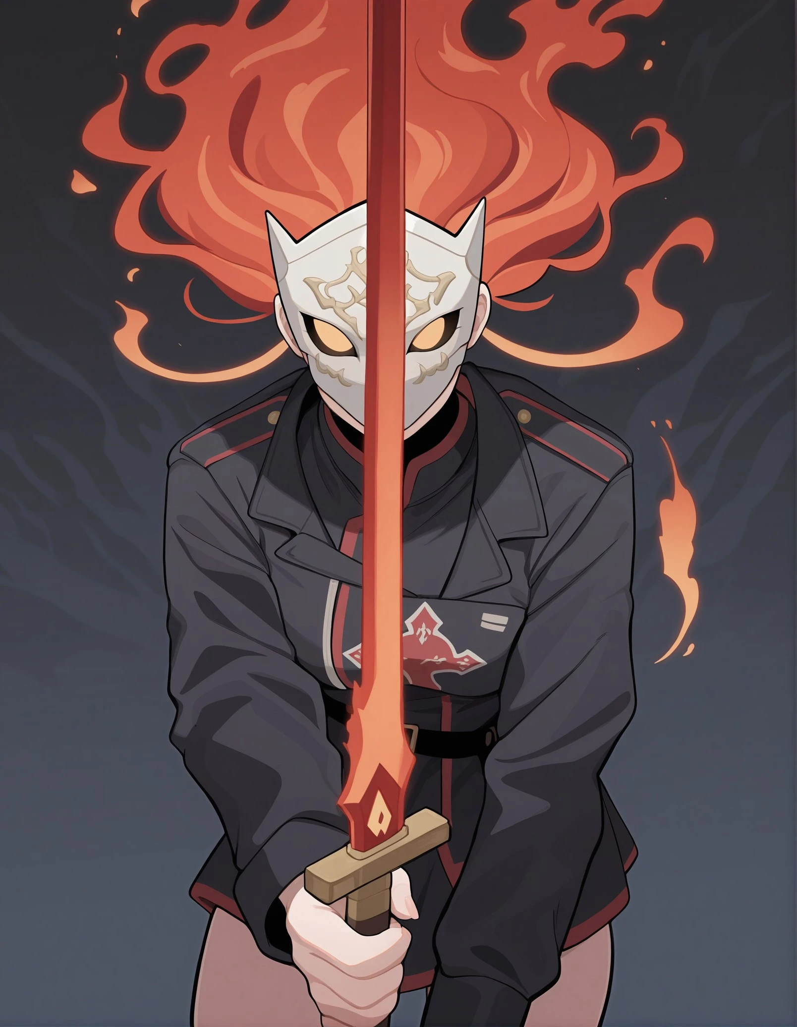 masterpiece, best quality, amazing quality, very aesthetic, absurdres, newest, a mysterious figure with wild red hair and a white mask. Rocking a black jacket with a white dragon emblem on the shoulder, they're gripping a glowing red sword. The background is a chaotic mix of red and black with jagged shapes, adding to the intense vibe. The character's stance is all about confidence and readiness, with a dramatic, fiery aura around them, ATB Style, <lora:ea8df5a0-c267-4e8e-9675-5554112d4168:0.7>